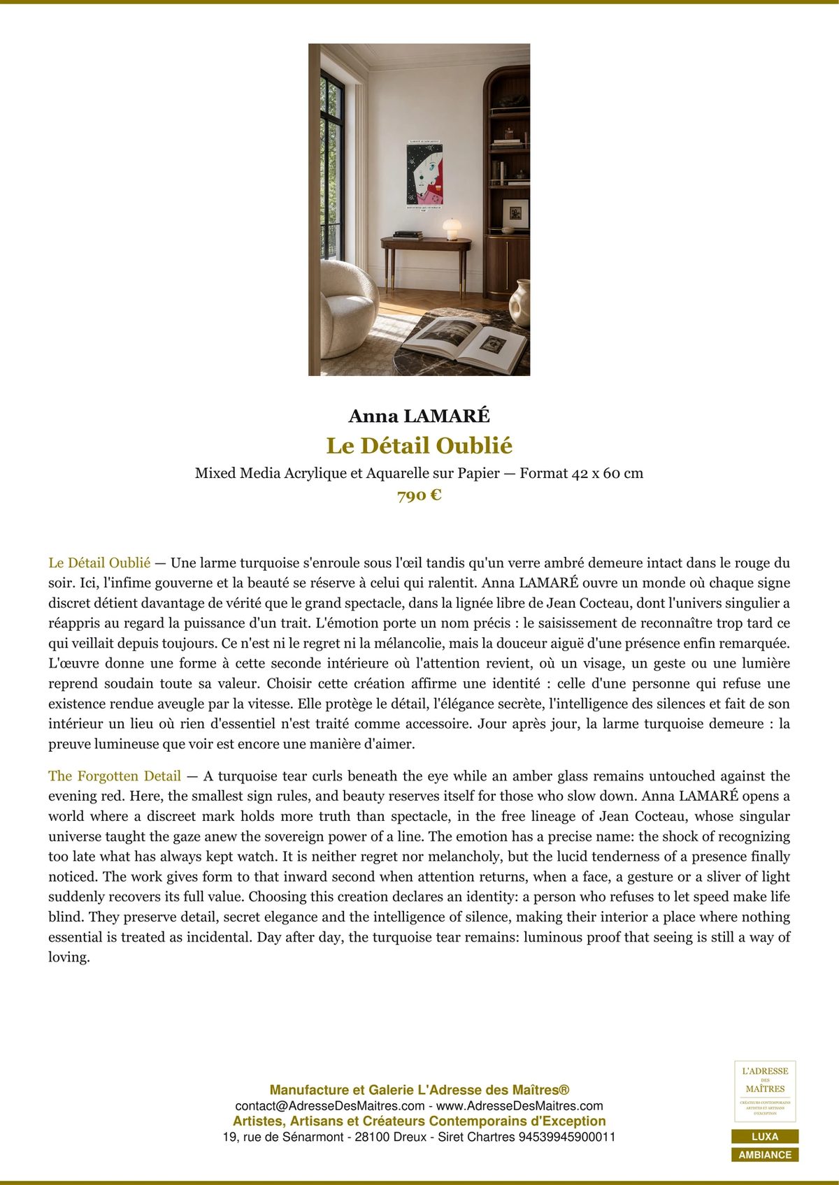 Anna LAMARÉ — Portrait d'Artiste — L'Adresse des Maîtres®
