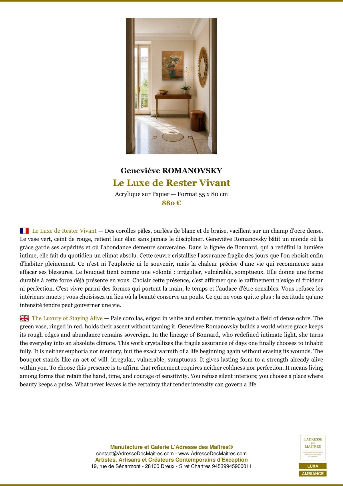 Geneviève ROMANOVSKY — Portrait d'Artiste — L'Adresse des Maîtres®