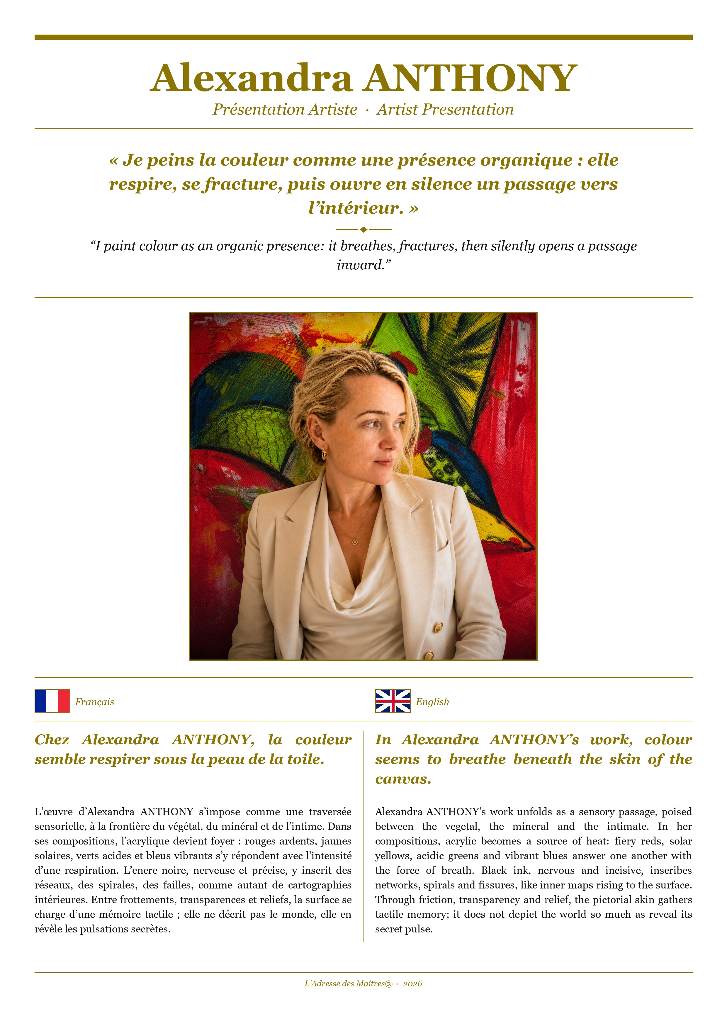 Présentation de l'artiste Alexandra ANTHONY — Couverture Blanche