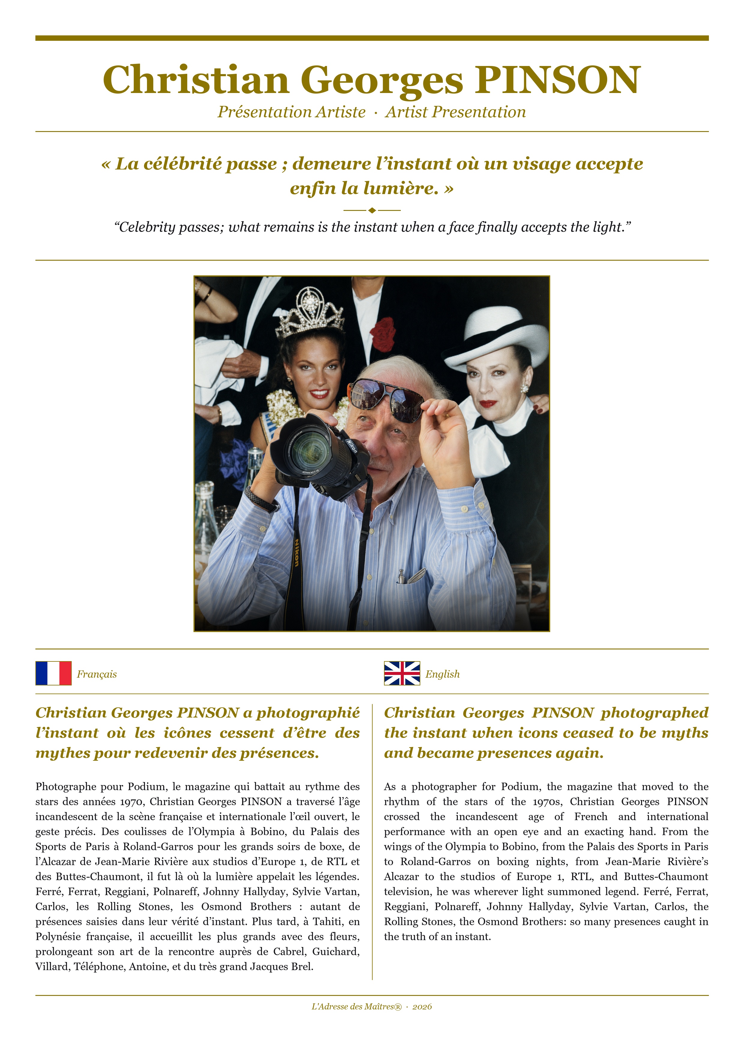 Présentation de l'artiste Christian Georges PINSON (Collection 268 Légendes et Icônes Uniques — Couverture Blanche