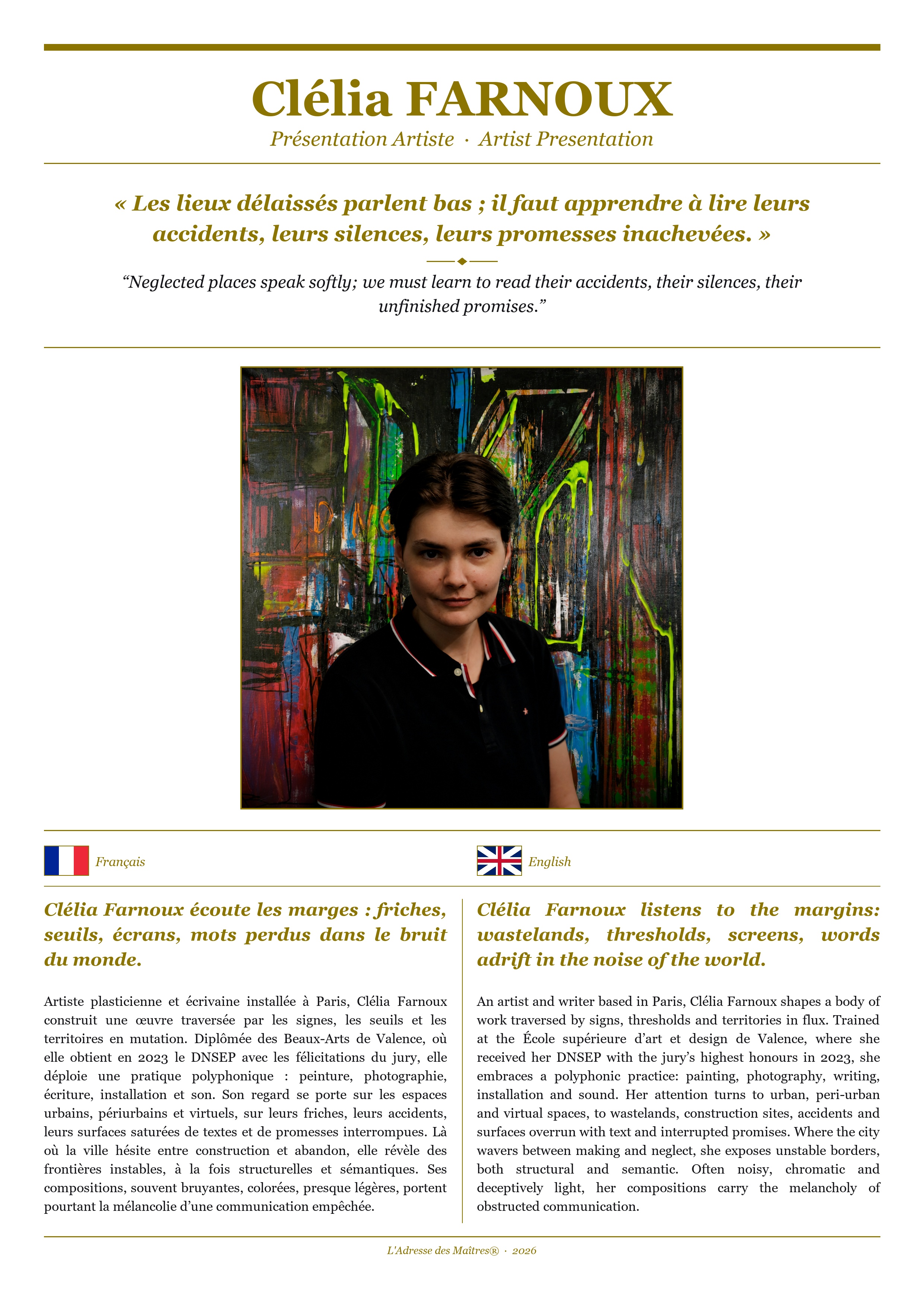 Présentation de l'artiste Clélia FARNOUX — Couverture Blanche