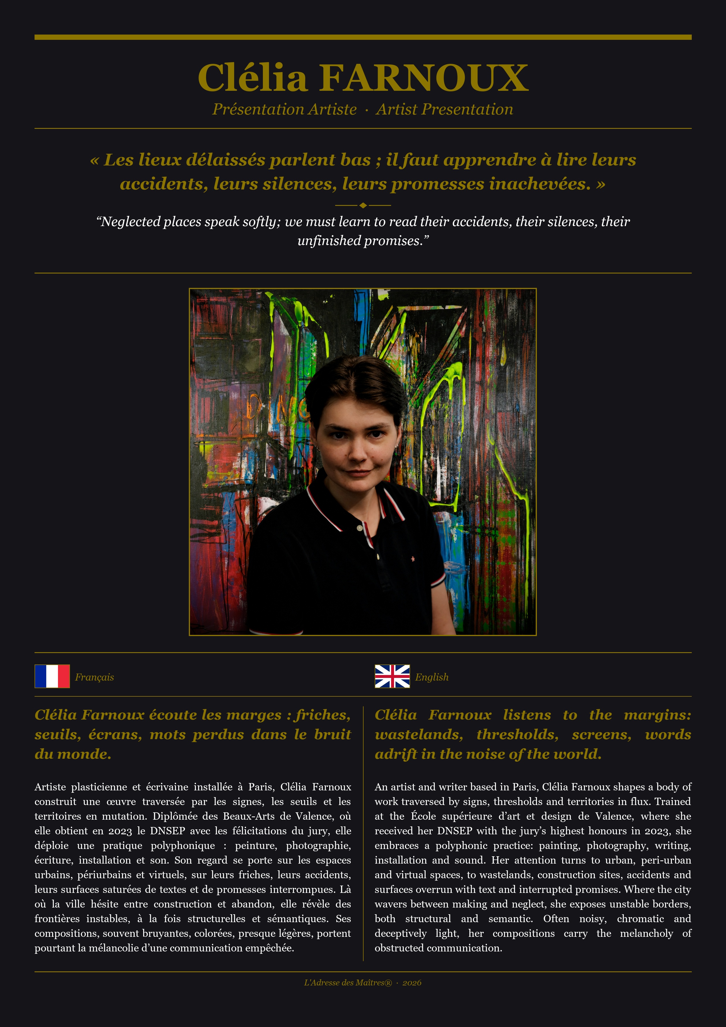 Présentation de l'artiste Clélia FARNOUX — Couverture Noire
