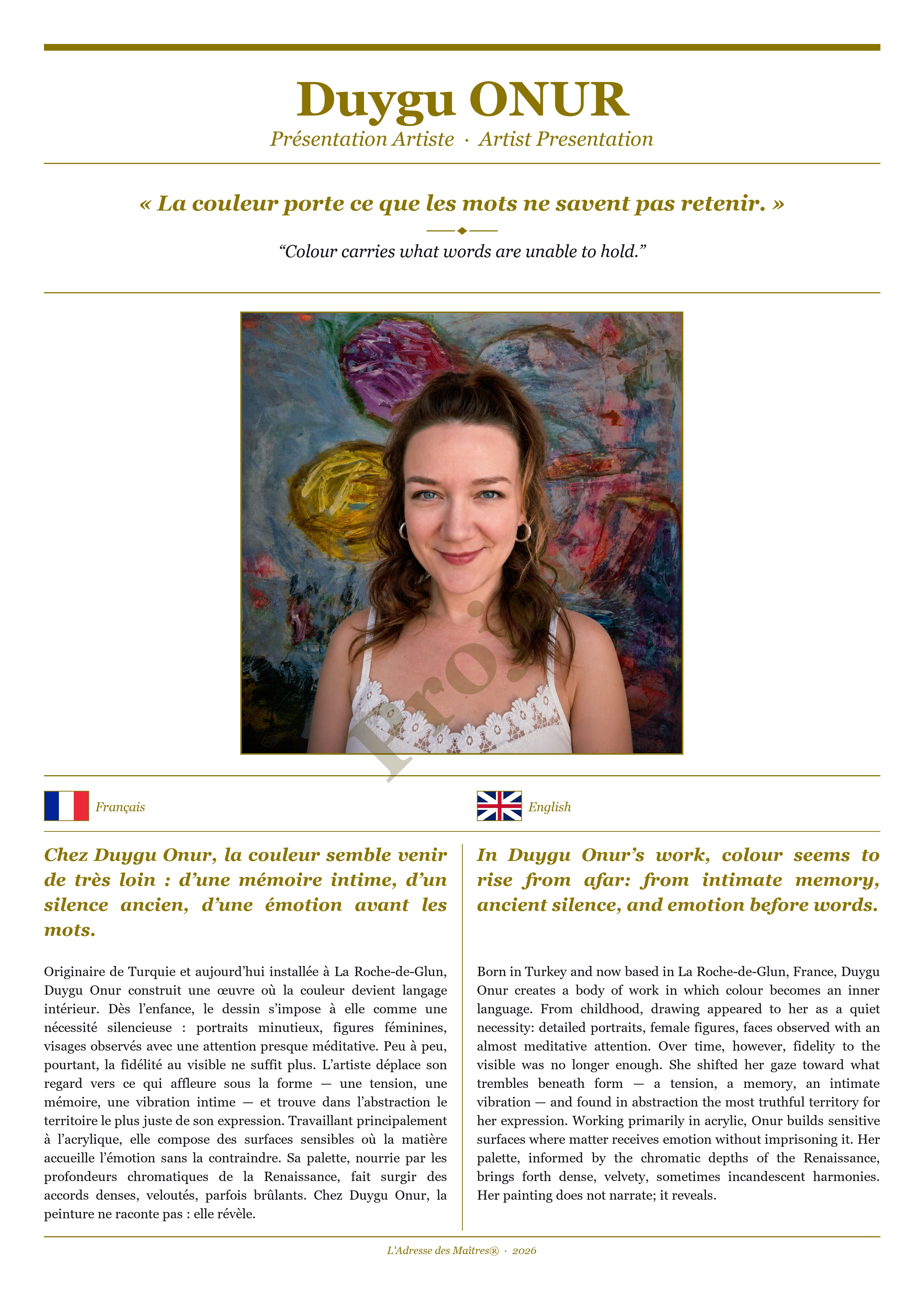 Présentation de l'artiste Duygu ONUR — Couverture Blanche