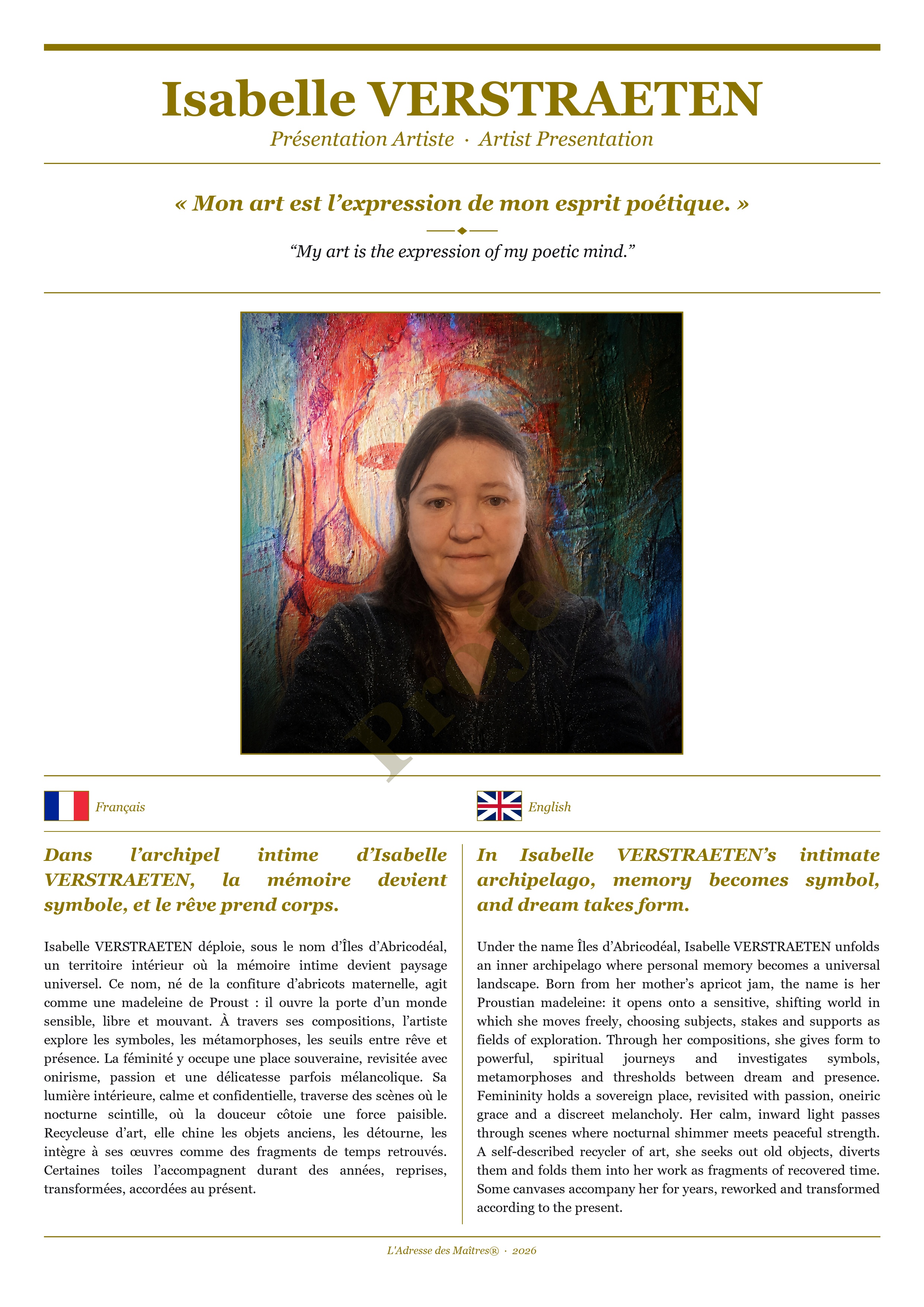 Présentation de l'artiste Isabelle VERSTRAETEN — Couverture Blanche