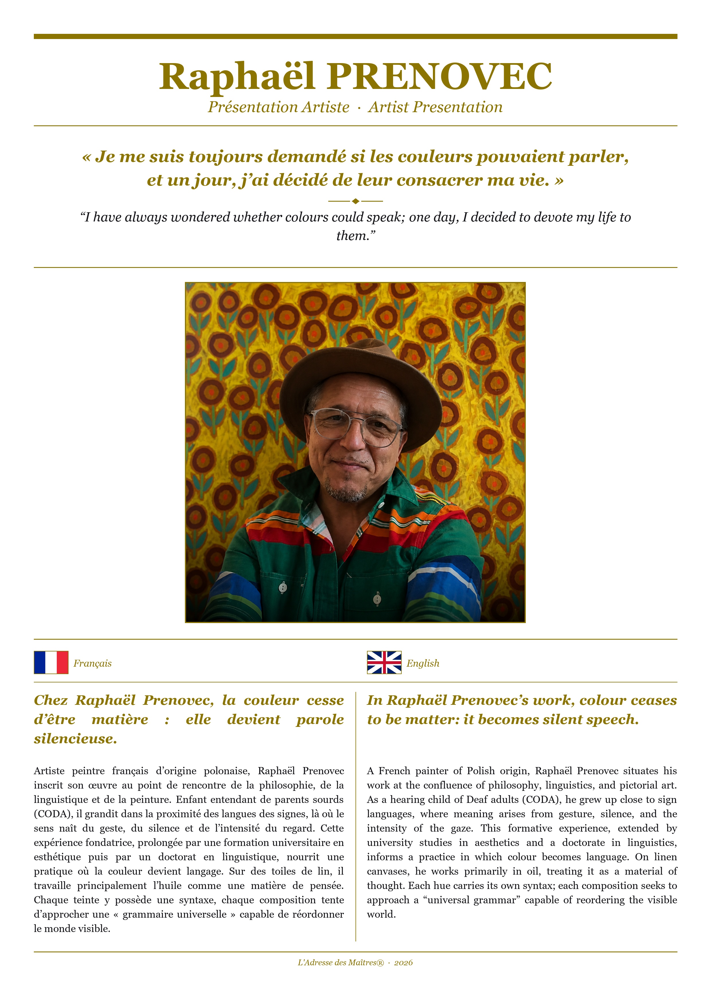 Présentation de l'artiste Raphaël PRENOVEC — Couverture Blanche