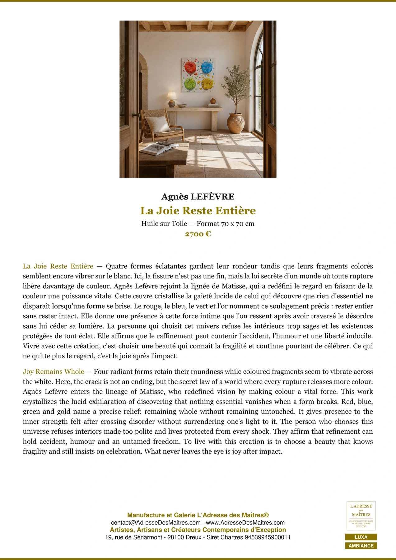 Fiche Premium Ambiance — La Joie Reste Entière — Agnès LEFÈVRE — L'Adresse des Maîtres®