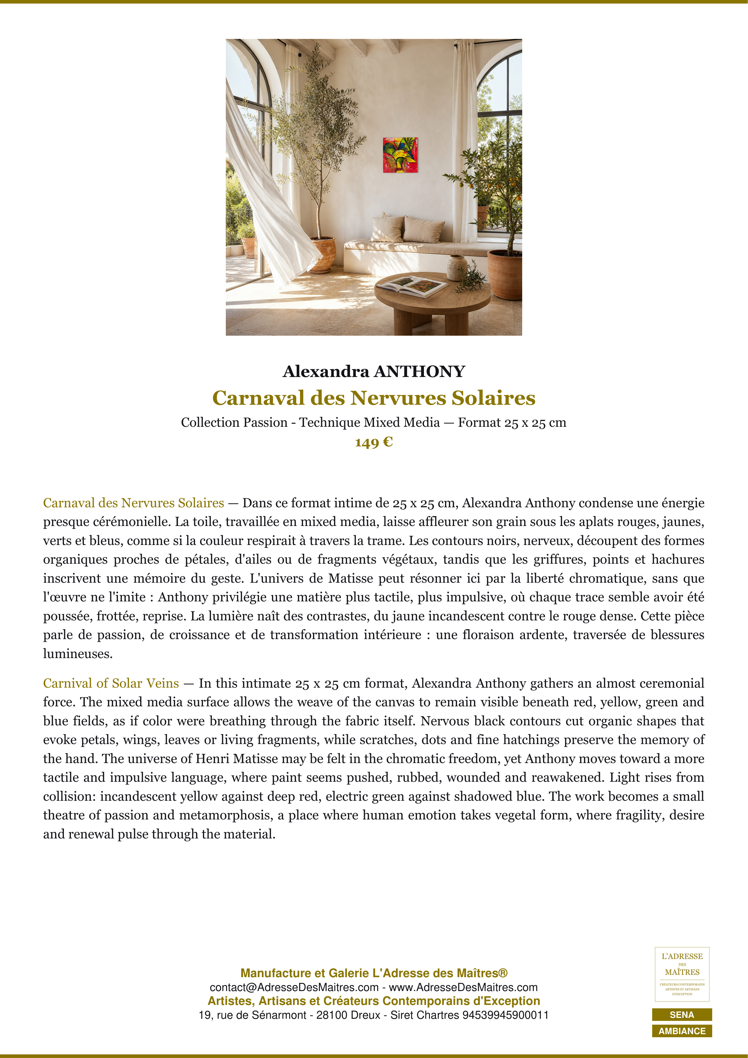 Fiche Premium Ambiance — Carnaval des Nervures Solaires — Alexandra ANTHONY — L'Adresse des Maîtres®
