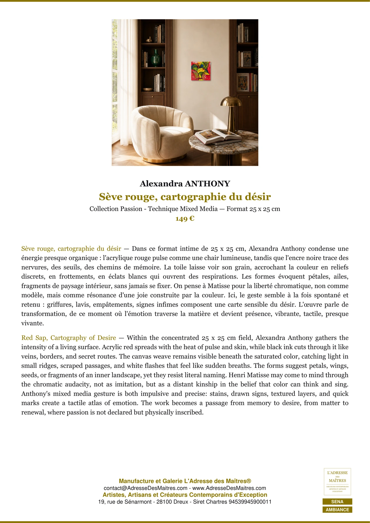 Fiche Premium Ambiance - Sève rouge, cartographie du désir - Alexandra ANTHONY - L'Adresse des Maîtres®