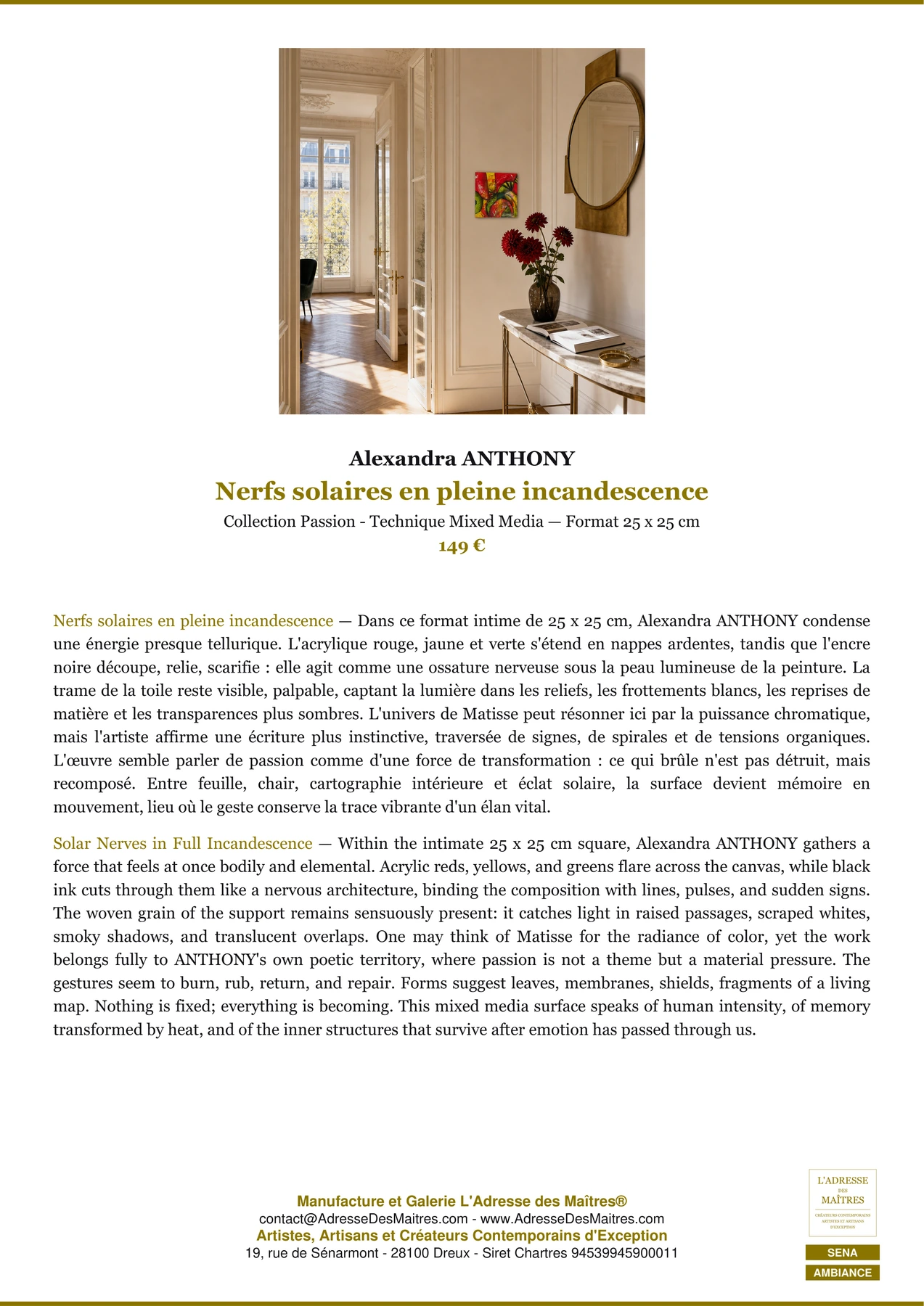 Fiche Premium Ambiance - Nerfs solaires en pleine incandescence - Alexandra ANTHONY - L'Adresse des Maîtres®