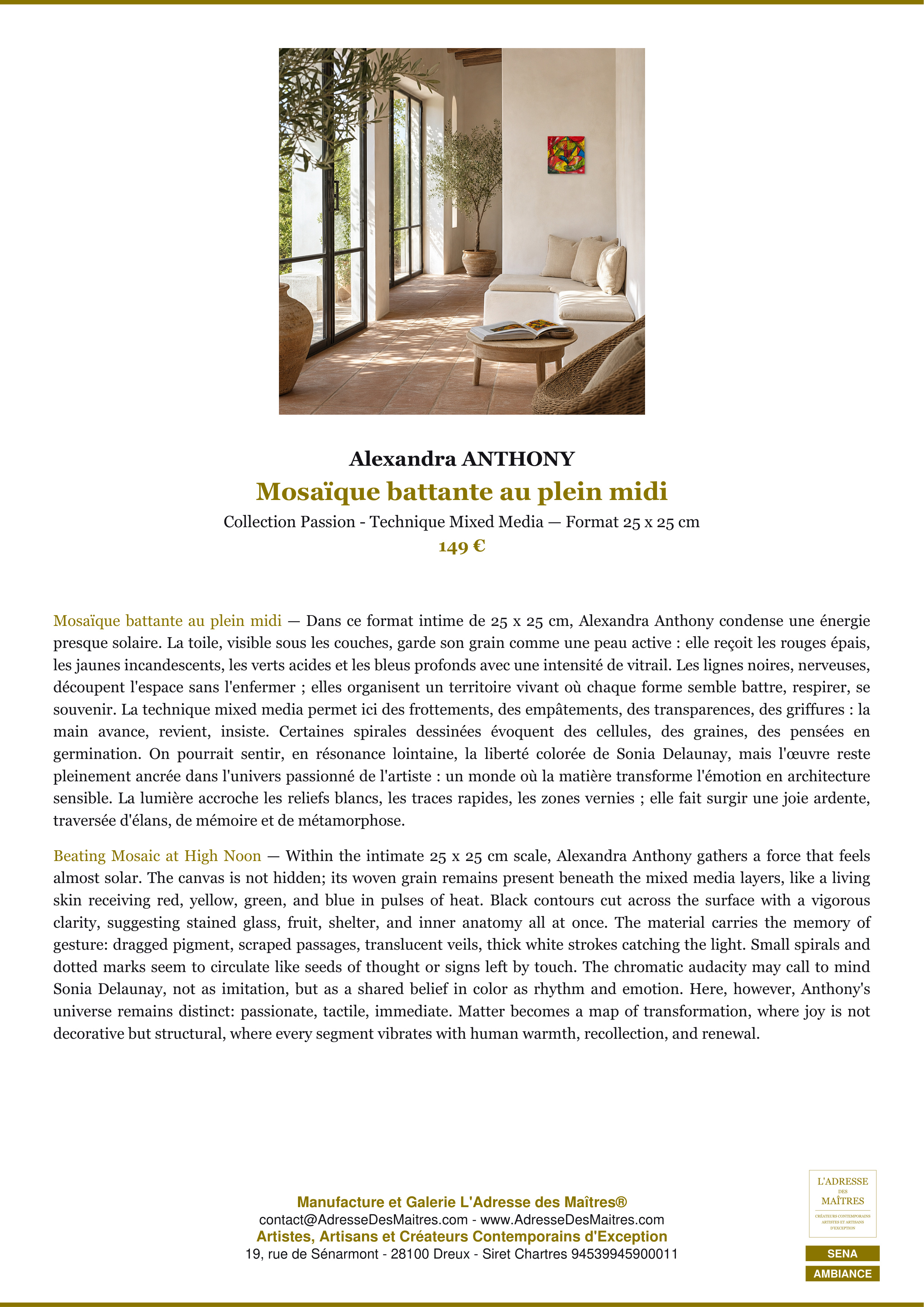 Fiche Premium Ambiance — Mosaïque battante au plein midi — Alexandra ANTHONY — L'Adresse des Maîtres®