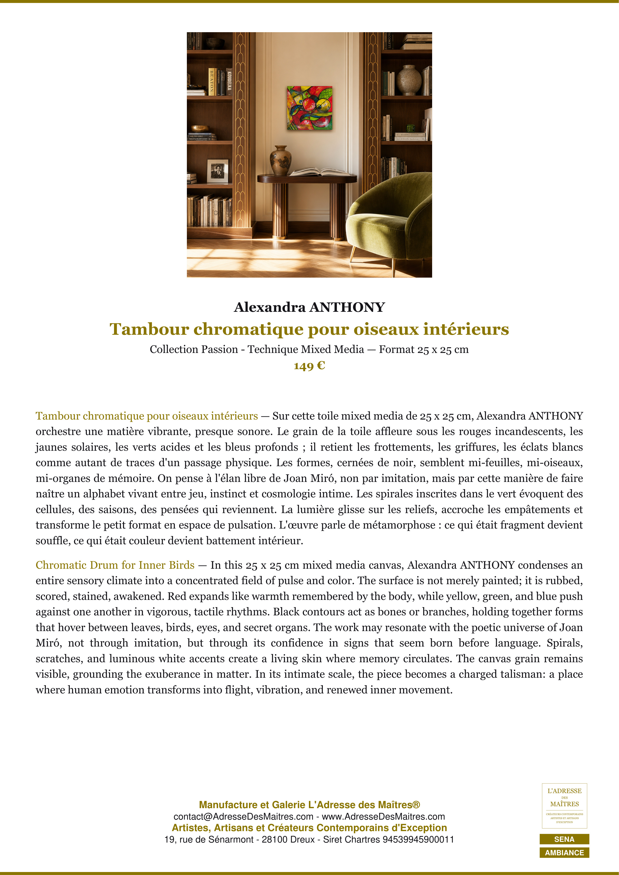 Fiche Premium Ambiance — Tambour chromatique pour oiseaux intérieurs — Alexandra ANTHONY — L'Adresse des Maîtres®