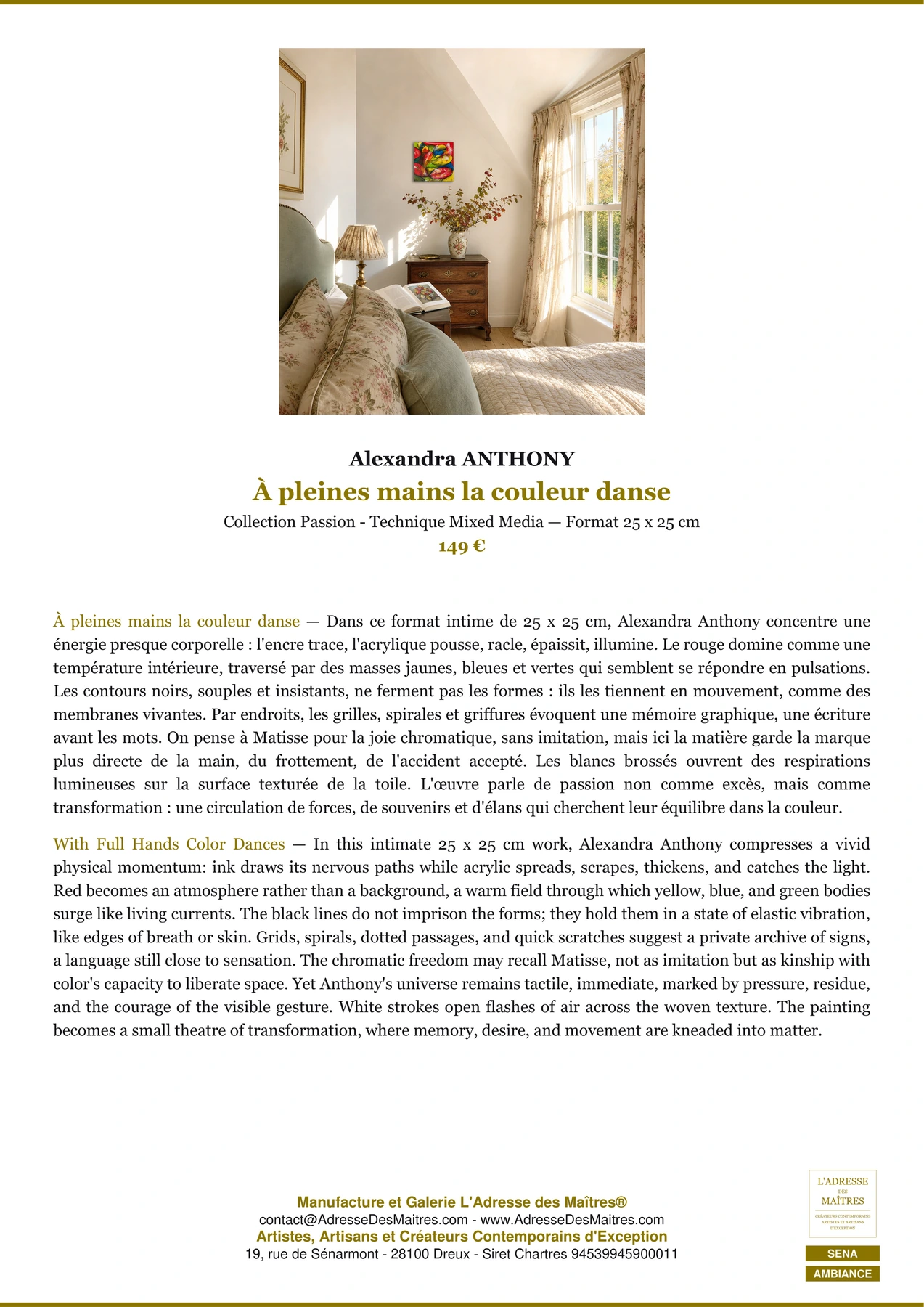 Fiche Premium Ambiance - À pleines mains la couleur danse - Alexandra ANTHONY - L'Adresse des Maîtres®