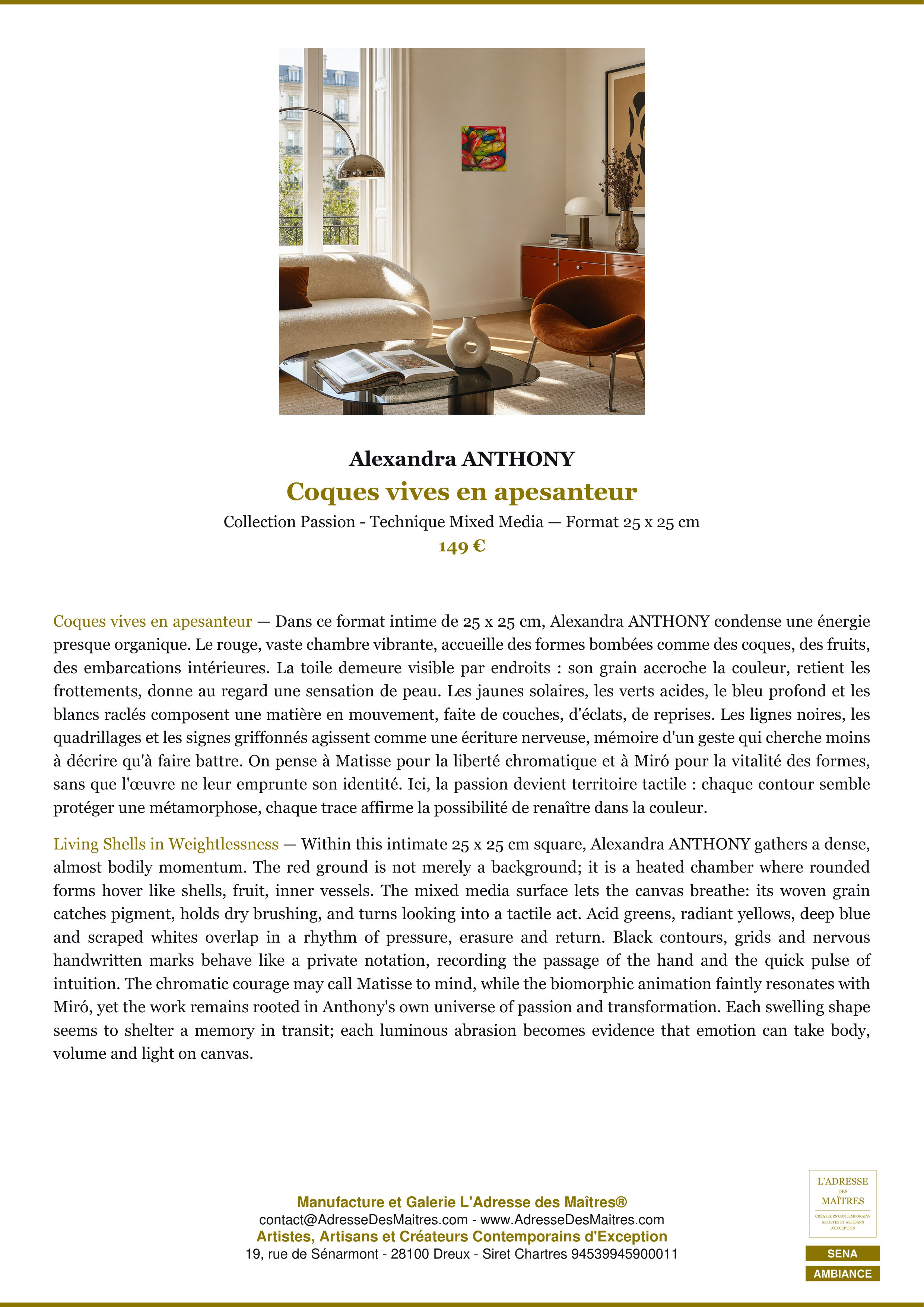 Fiche Premium Ambiance — Coques vives en apesanteur — Alexandra ANTHONY — L'Adresse des Maîtres®