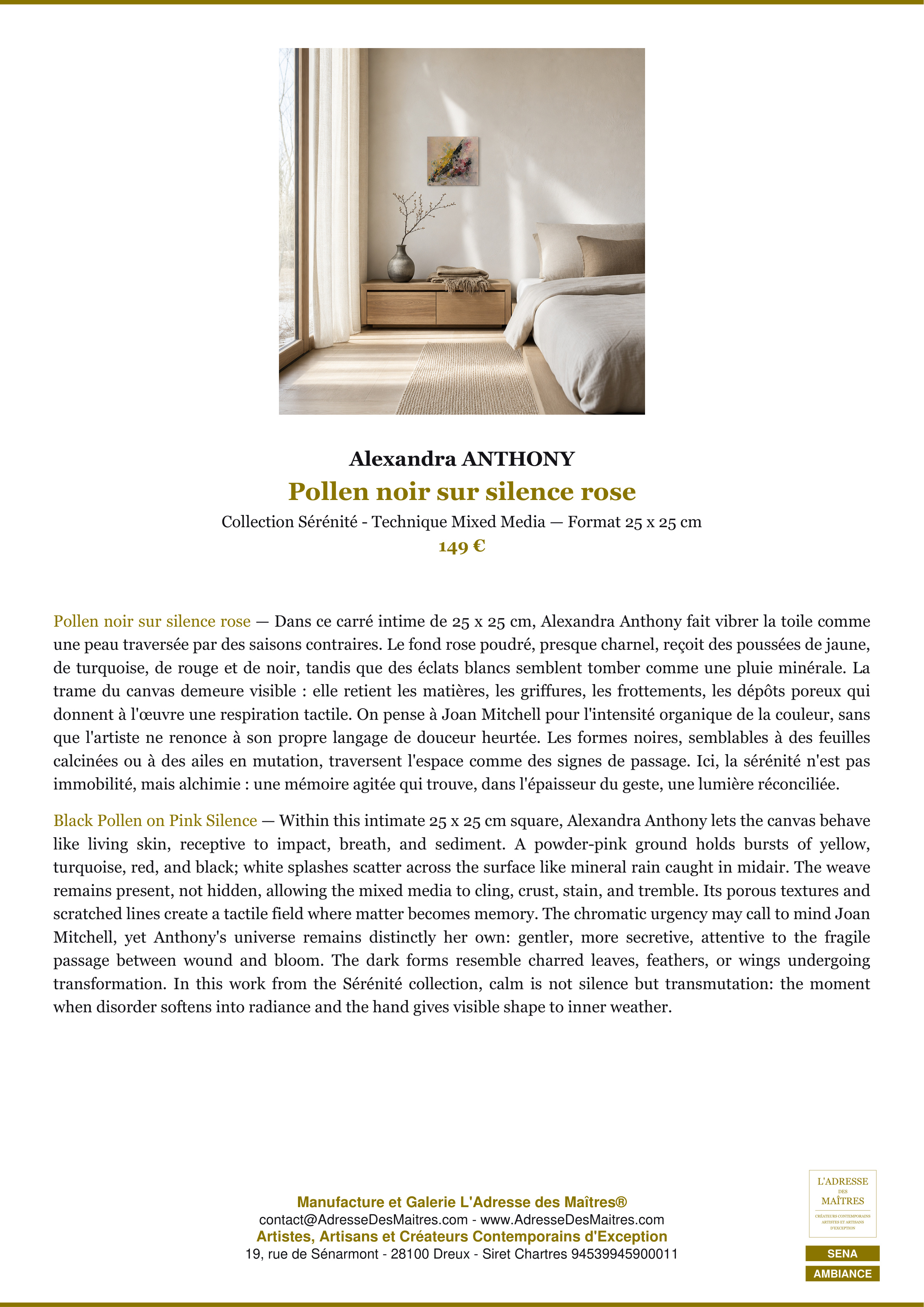Fiche Premium Ambiance — Pollen noir sur silence rose — Alexandra ANTHONY — L'Adresse des Maîtres®