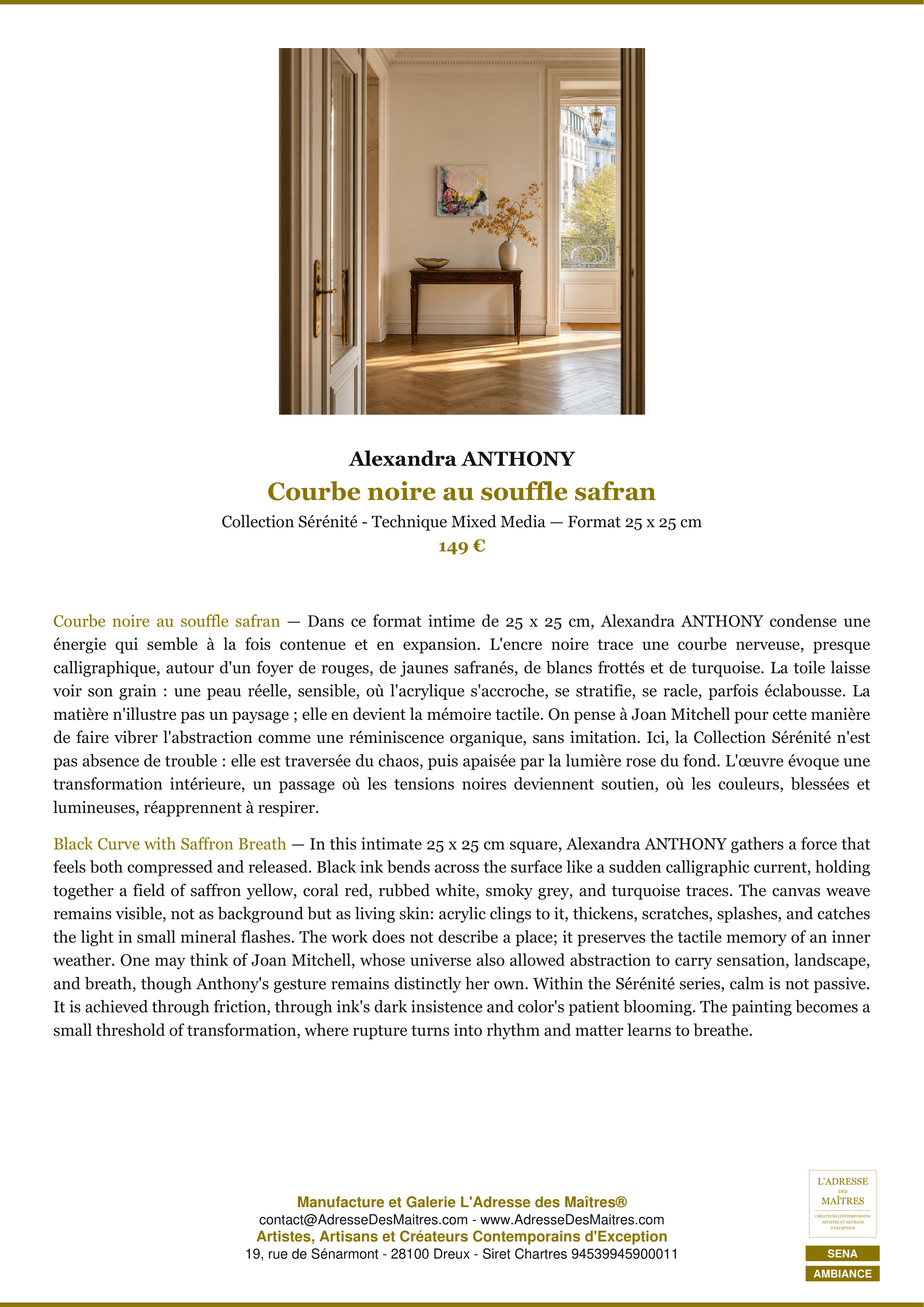 Fiche Premium Ambiance — Courbe noire au souffle safran — Alexandra ANTHONY — L'Adresse des Maîtres®