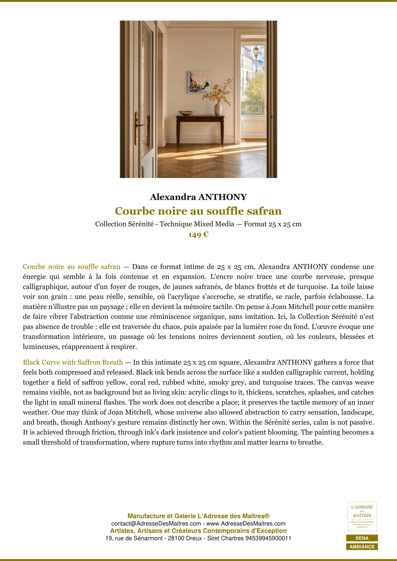 Fiche Premium Ambiance - Courbe noire au souffle safran - Alexandra ANTHONY - L'Adresse des Maîtres®