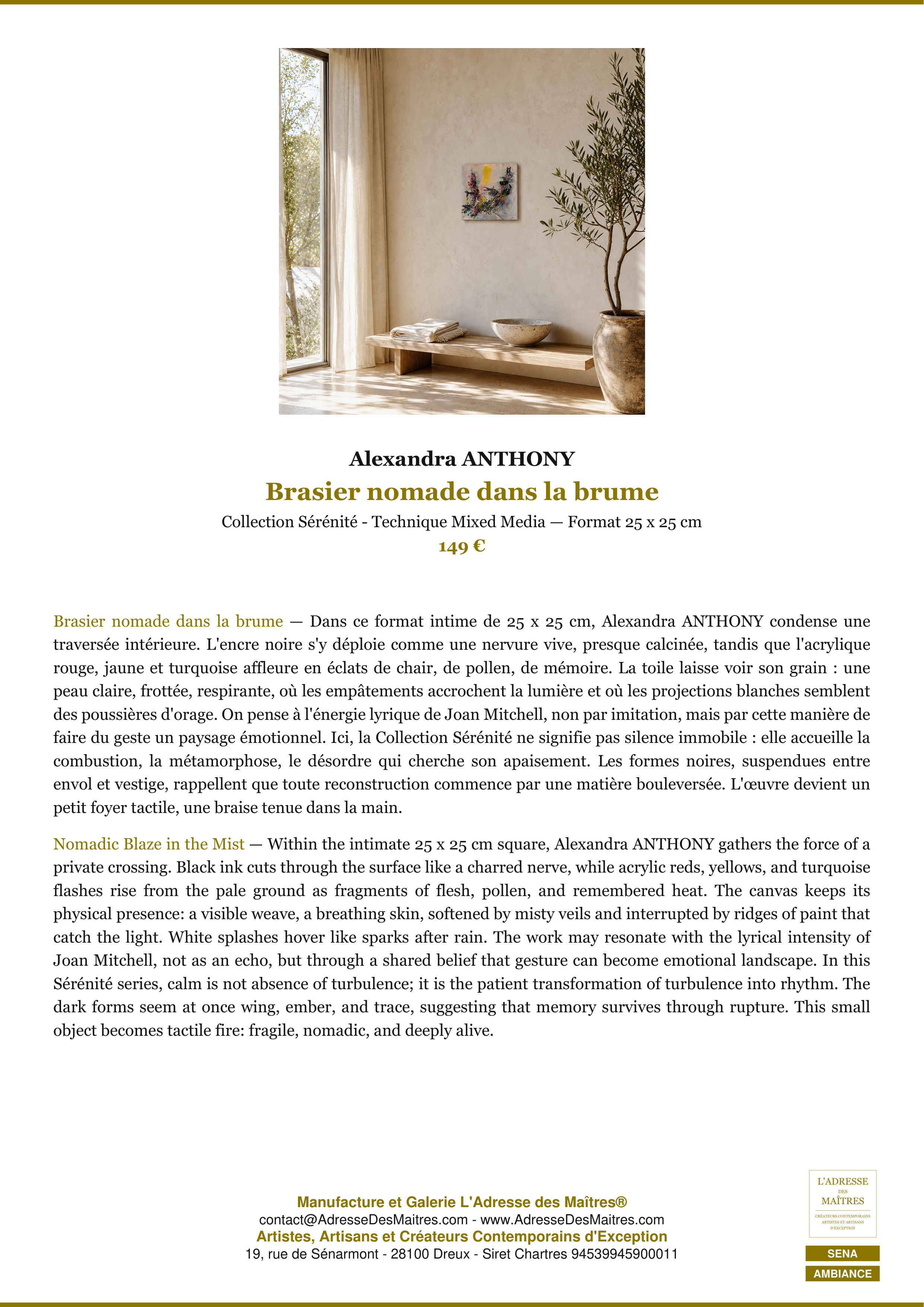 Fiche Premium Ambiance — Brasier nomade dans la brume — Alexandra ANTHONY — L'Adresse des Maîtres®