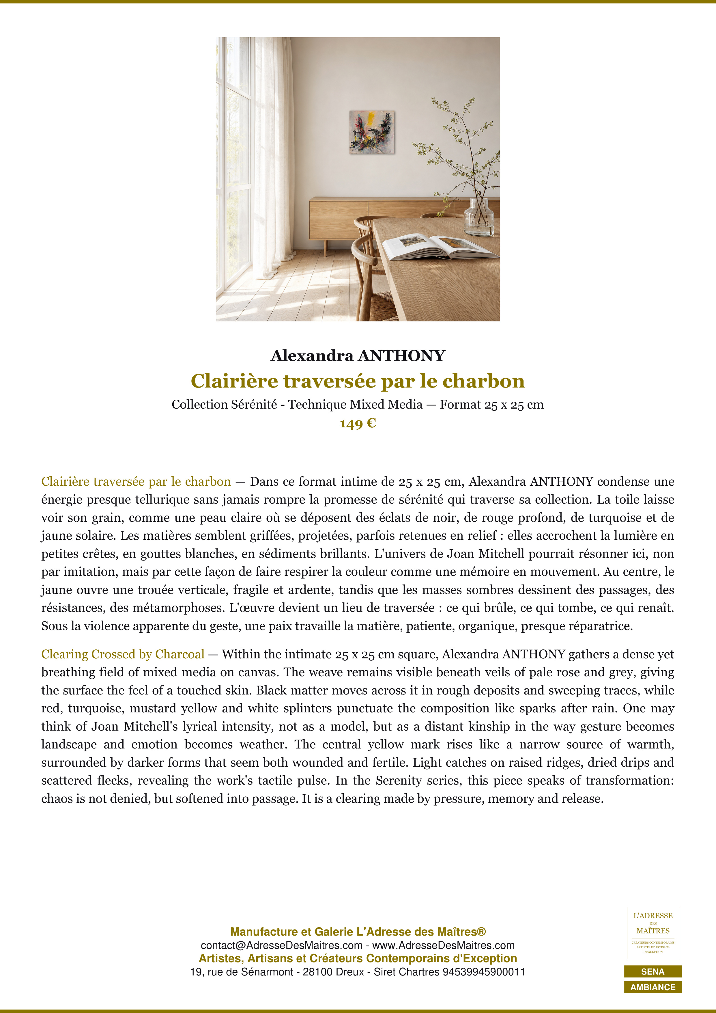 Fiche Premium Ambiance — Clairière traversée par le charbon — Alexandra ANTHONY — L'Adresse des Maîtres®