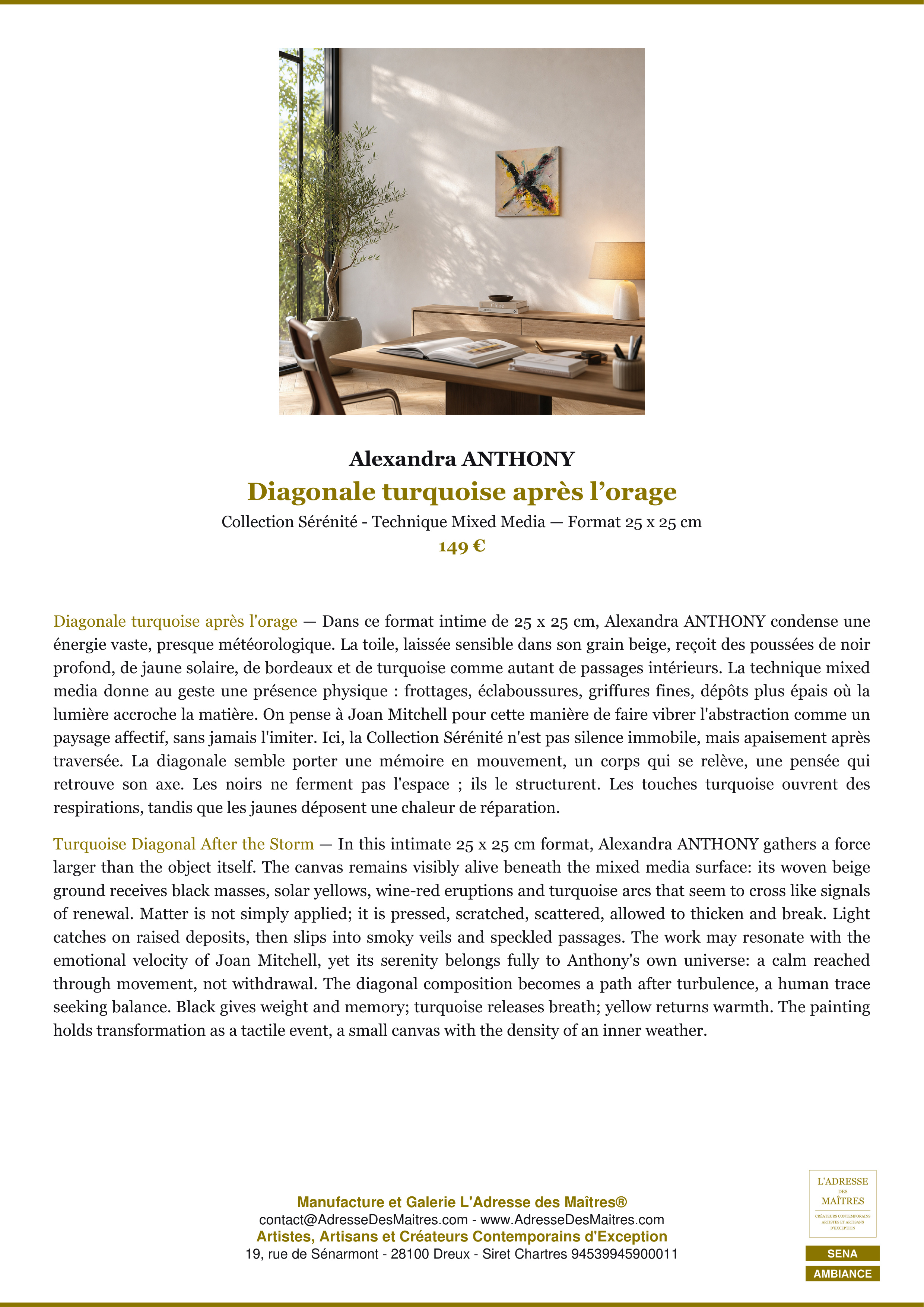 Fiche Premium Ambiance — Diagonale turquoise après l’orage — Alexandra ANTHONY — L'Adresse des Maîtres®