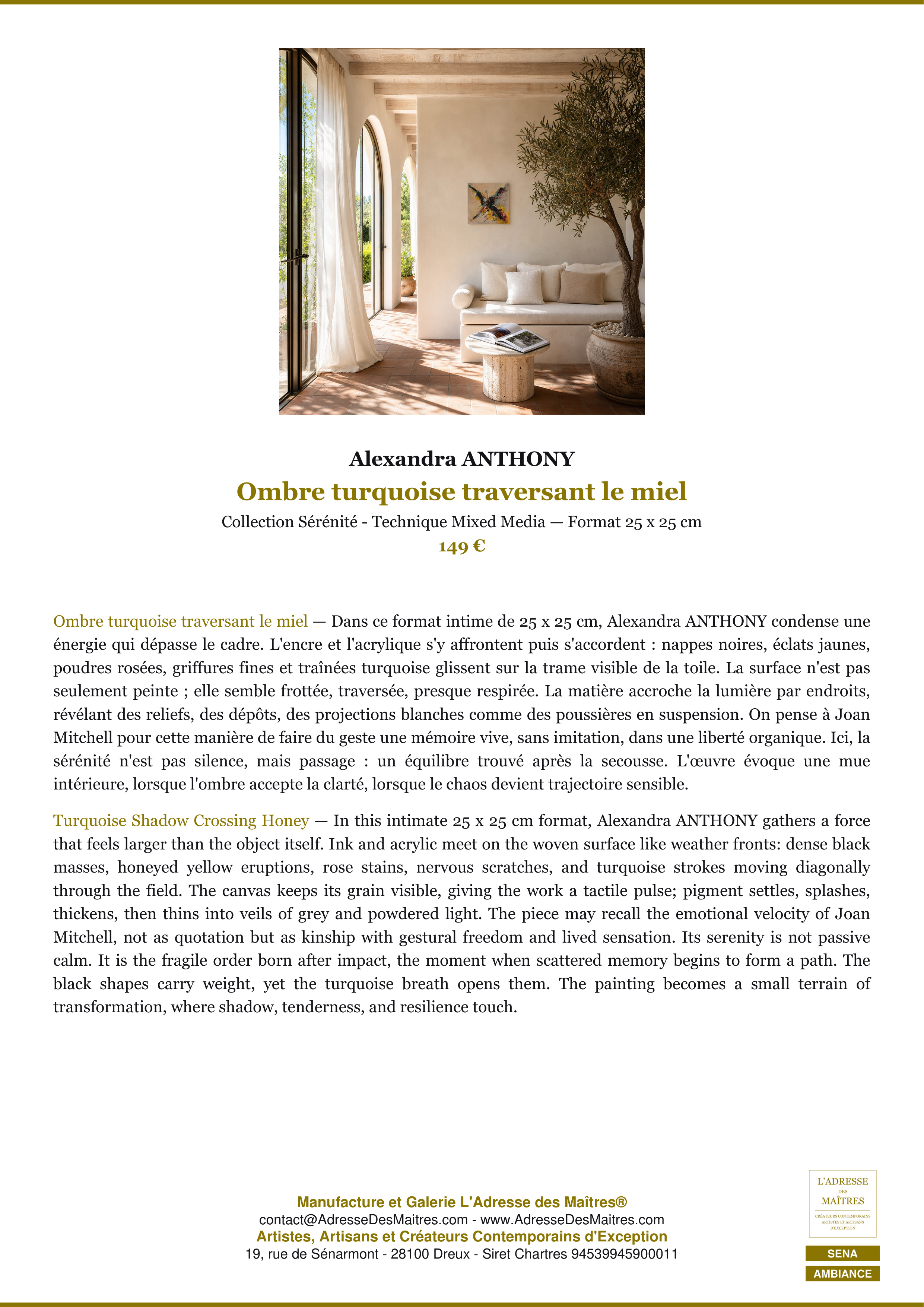 Fiche Premium Ambiance — Ombre turquoise traversant le miel — Alexandra ANTHONY — L'Adresse des Maîtres®