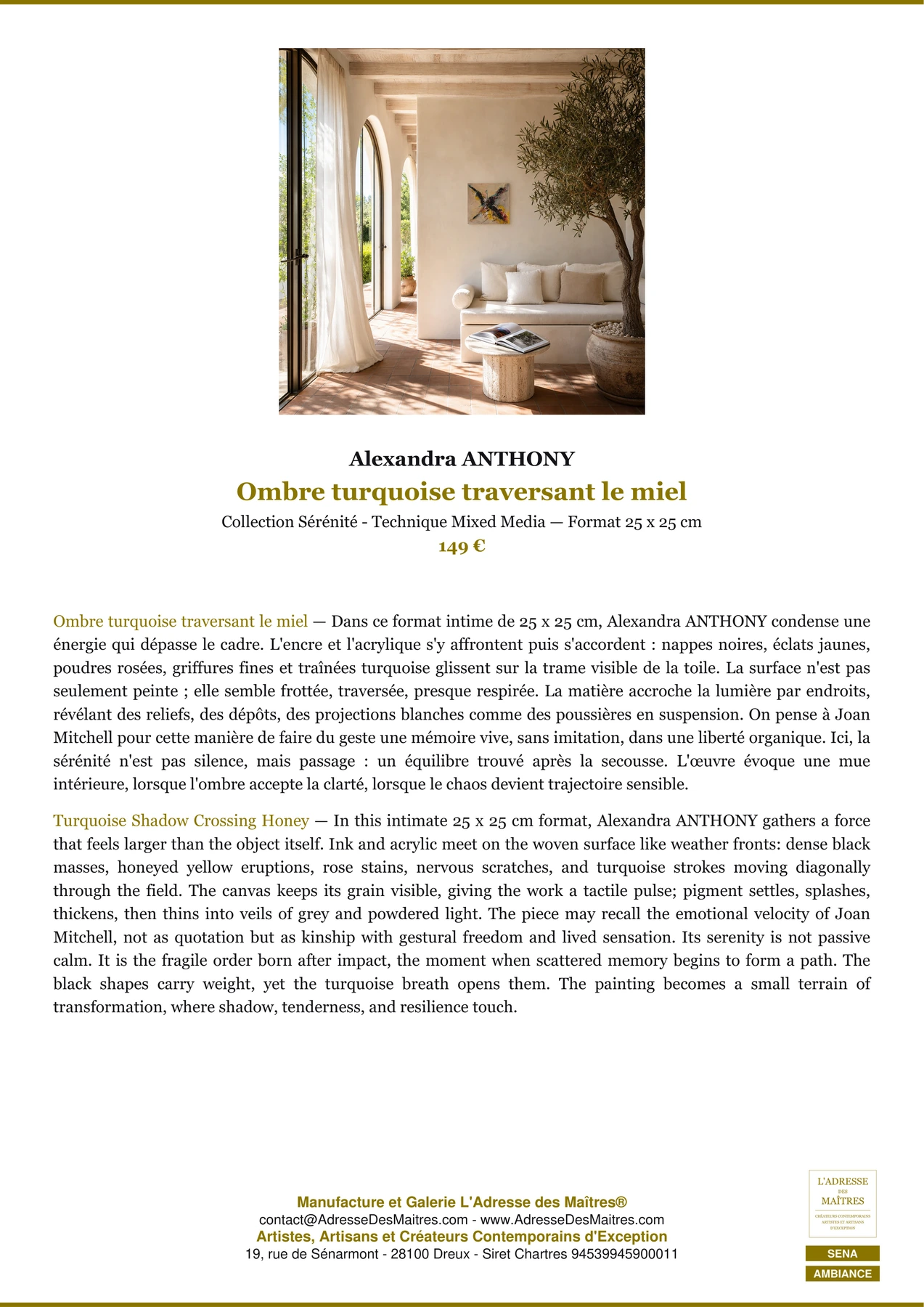 Fiche Premium Ambiance - Ombre turquoise traversant le miel - Alexandra ANTHONY - L'Adresse des Maîtres®
