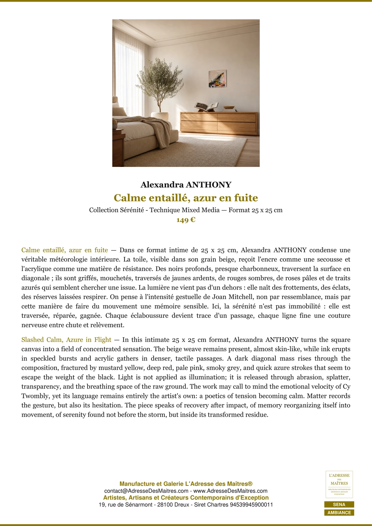 Fiche Premium Ambiance - Calme entaillé, azur en fuite - Alexandra ANTHONY - L'Adresse des Maîtres®