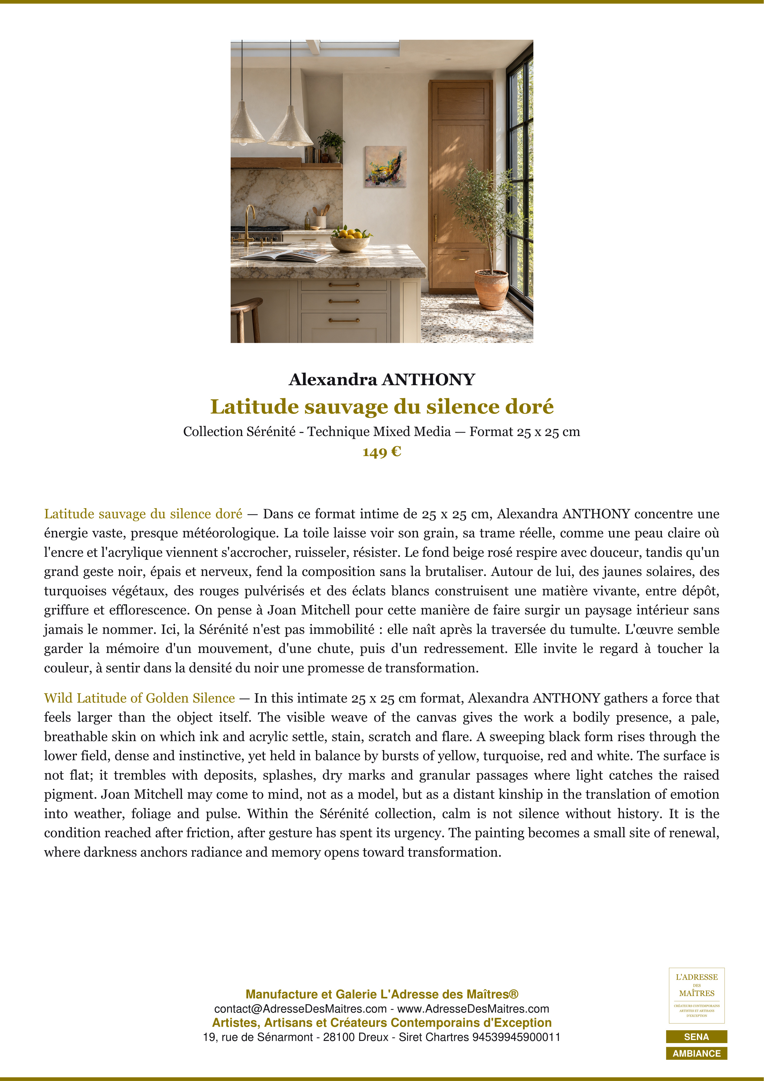 Fiche Premium Ambiance — Latitude sauvage du silence doré — Alexandra ANTHONY — L'Adresse des Maîtres®