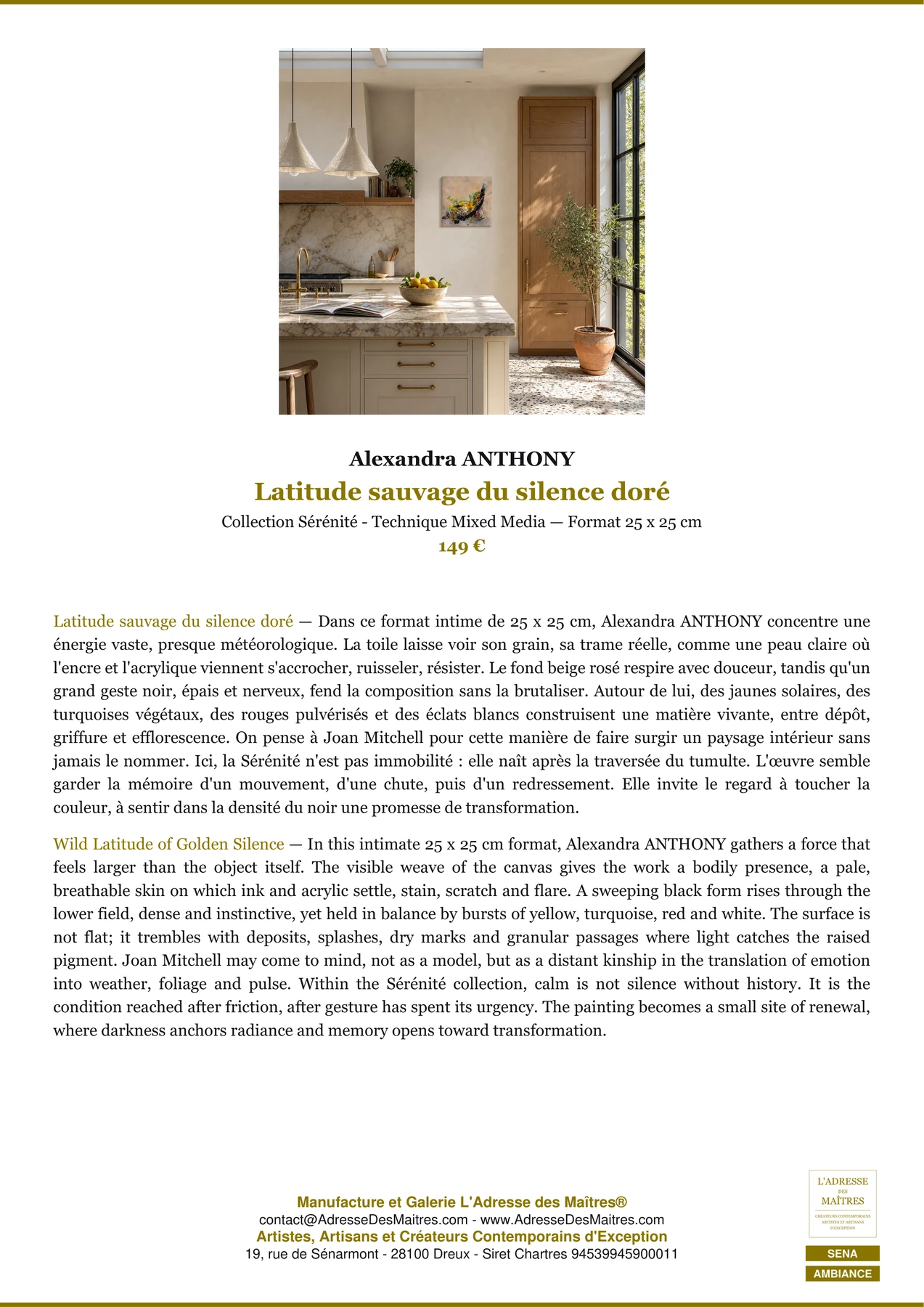 Fiche Premium Ambiance - Latitude sauvage du silence doré - Alexandra ANTHONY - L'Adresse des Maîtres®