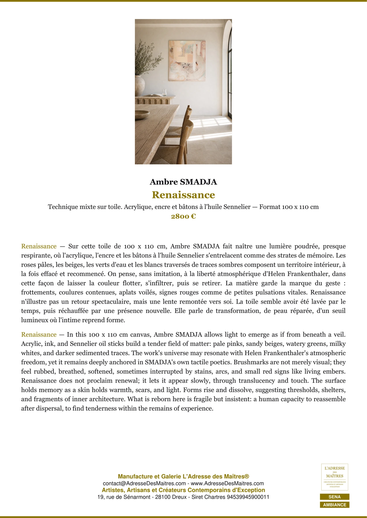 Fiche Premium Ambiance - Renaissance - Ambre SMADJA - L'Adresse des Maîtres®