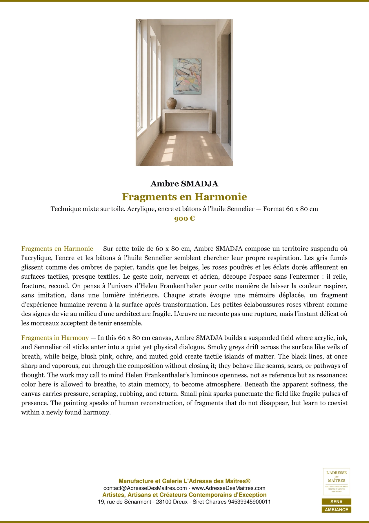 Fiche Premium Ambiance - Fragments en Harmonie - Ambre SMADJA - L'Adresse des Maîtres®