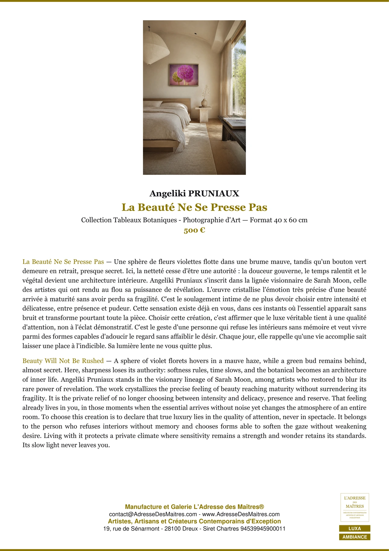 Fiche Premium Ambiance - La Beauté Ne Se Presse Pas - Angeliki PRUNIAUX - L'Adresse des Maîtres®