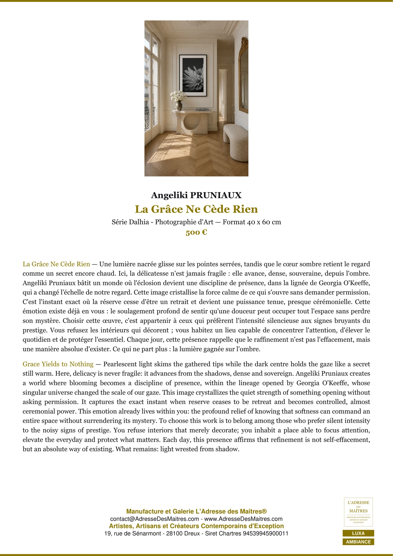 Fiche Premium Ambiance - La Grâce Ne Cède Rien - Angeliki PRUNIAUX - L'Adresse des Maîtres®