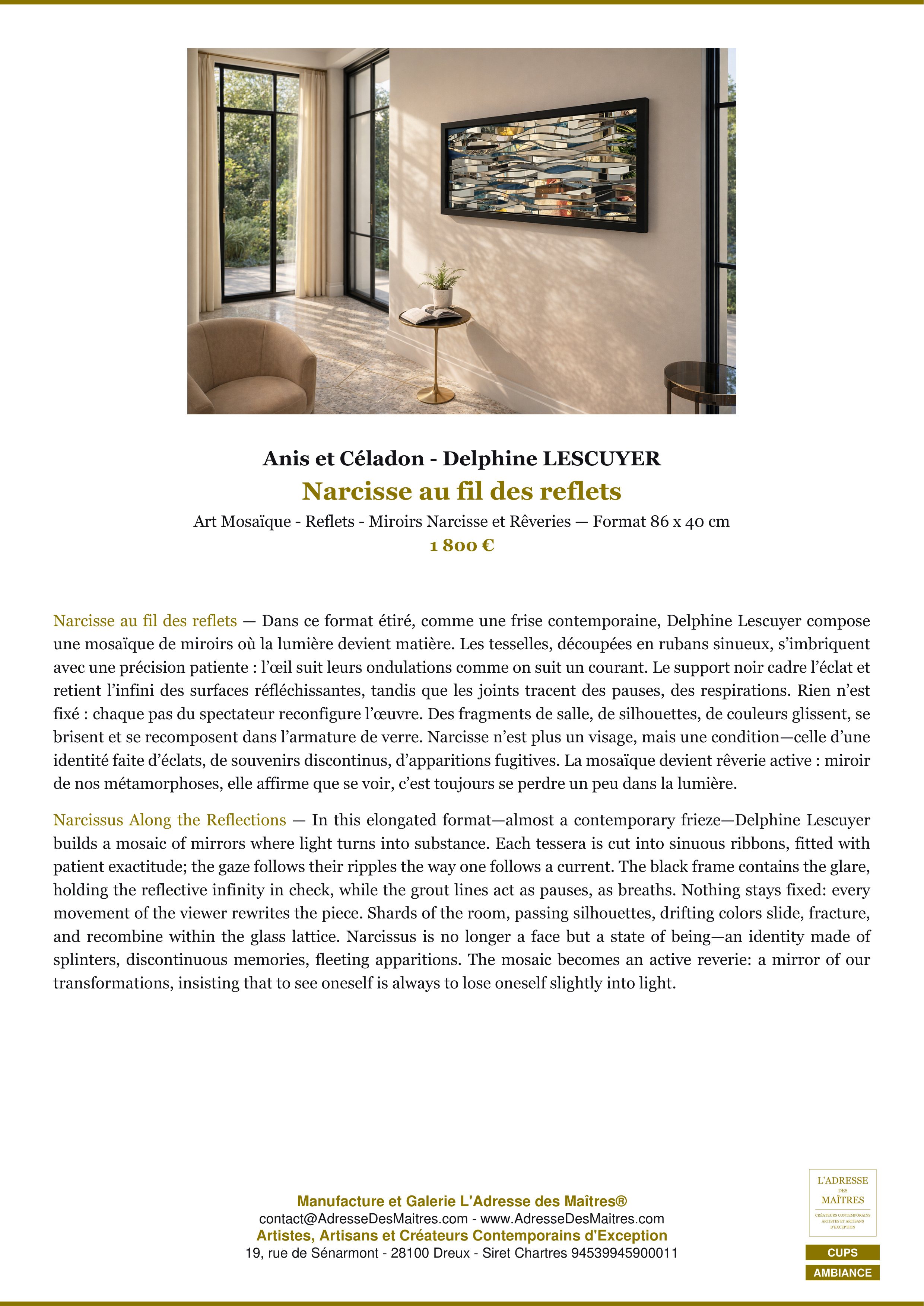 Fiche Premium Ambiance — Narcisse au fil des reflets — Anis et Céladon - Delphine LESCUYER — L'Adresse des Maîtres®