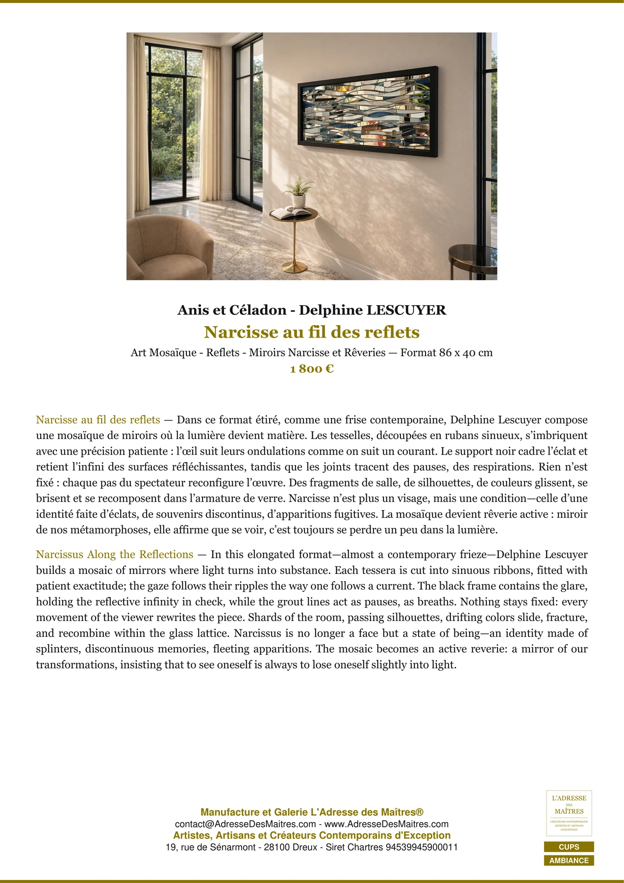 Fiche Premium Ambiance - Narcisse au fil des reflets - Anis et Céladon - Delphine LESCUYER - L'Adresse des Maîtres®