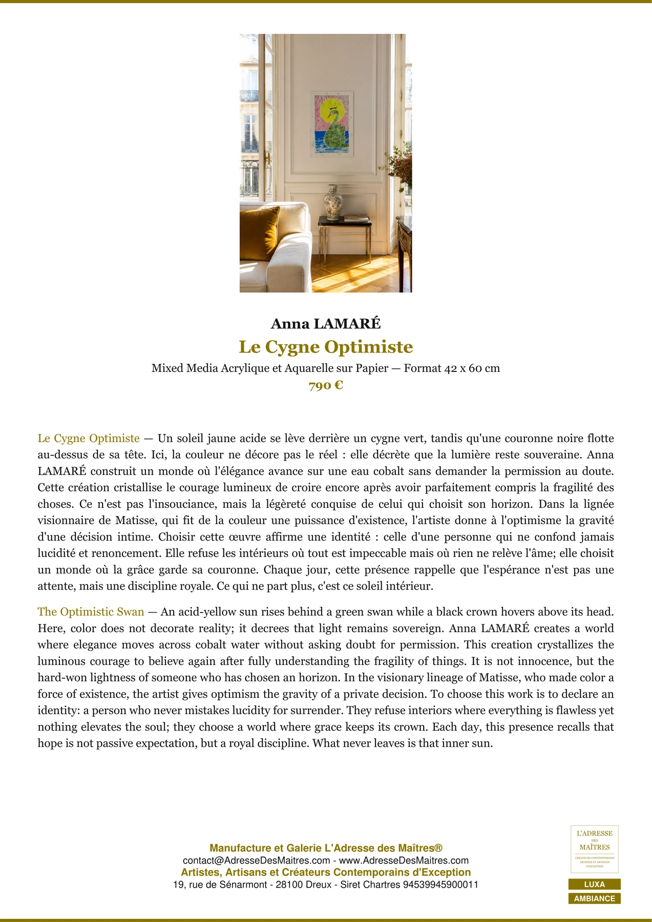 Fiche Premium Ambiance - Le Cygne Optimiste - Anna LAMARÉ - L'Adresse des Maîtres®