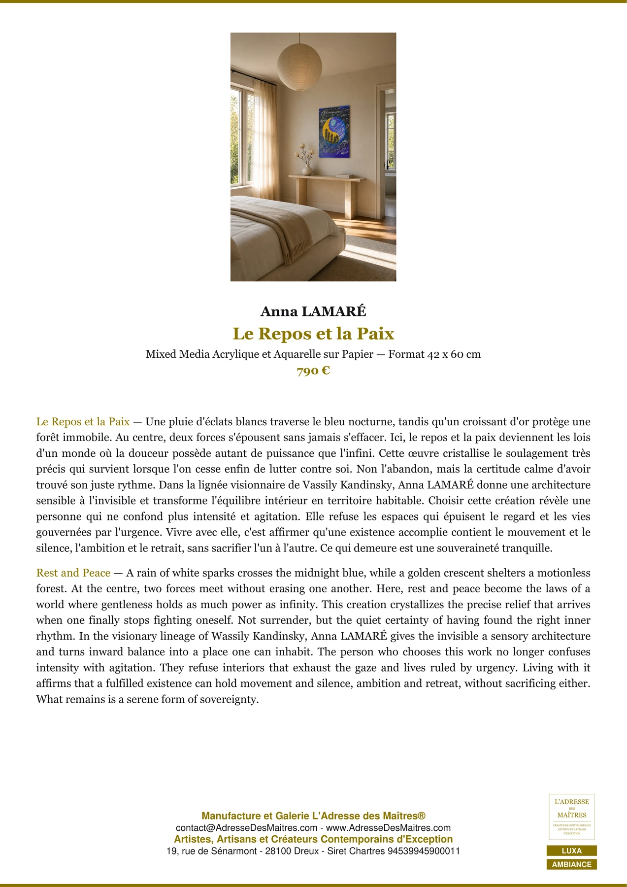 Fiche Premium Ambiance - Le Repos et la Paix - Anna LAMARÉ - L'Adresse des Maîtres®