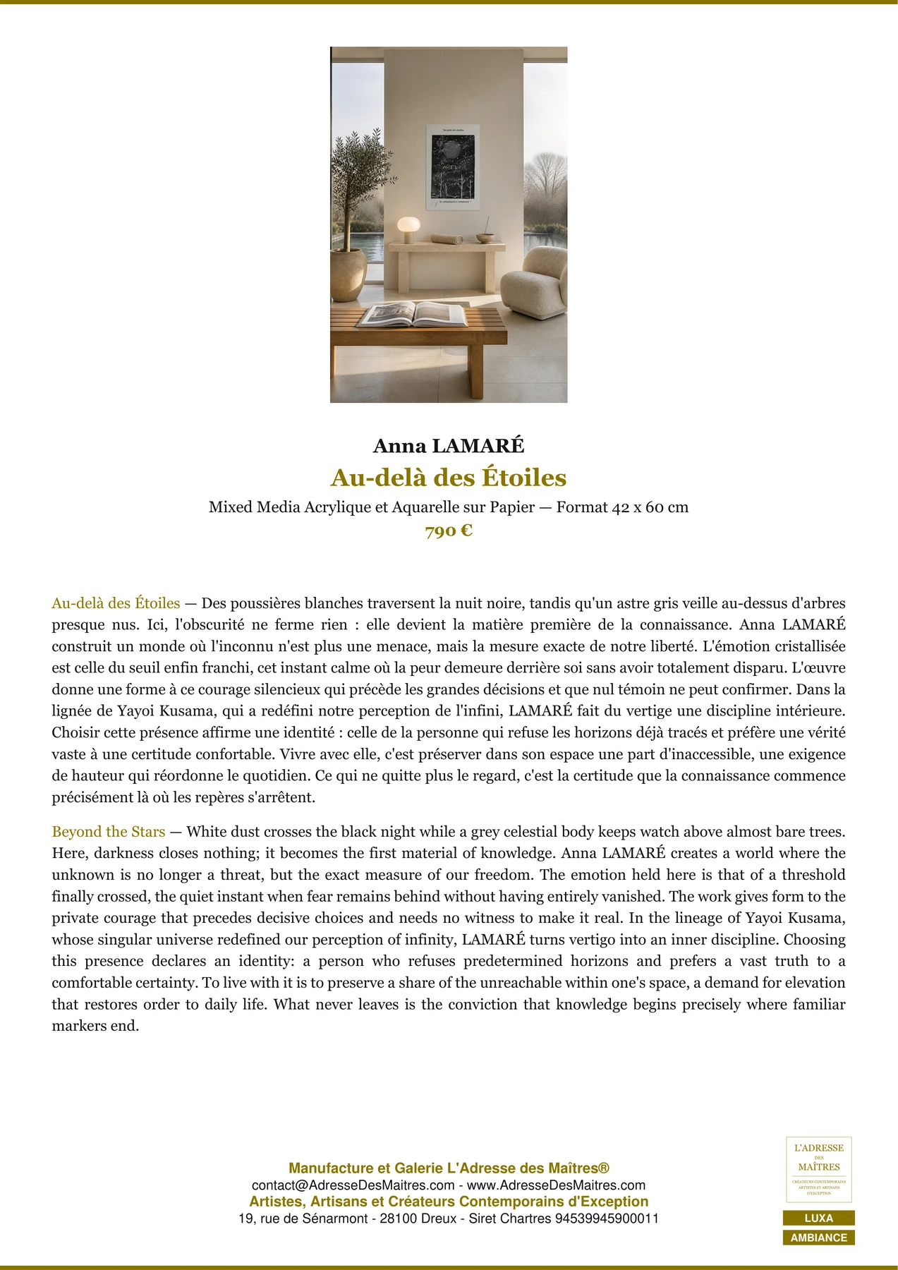 Fiche Premium Ambiance - Au-delà des Étoiles - Anna LAMARÉ - L'Adresse des Maîtres®