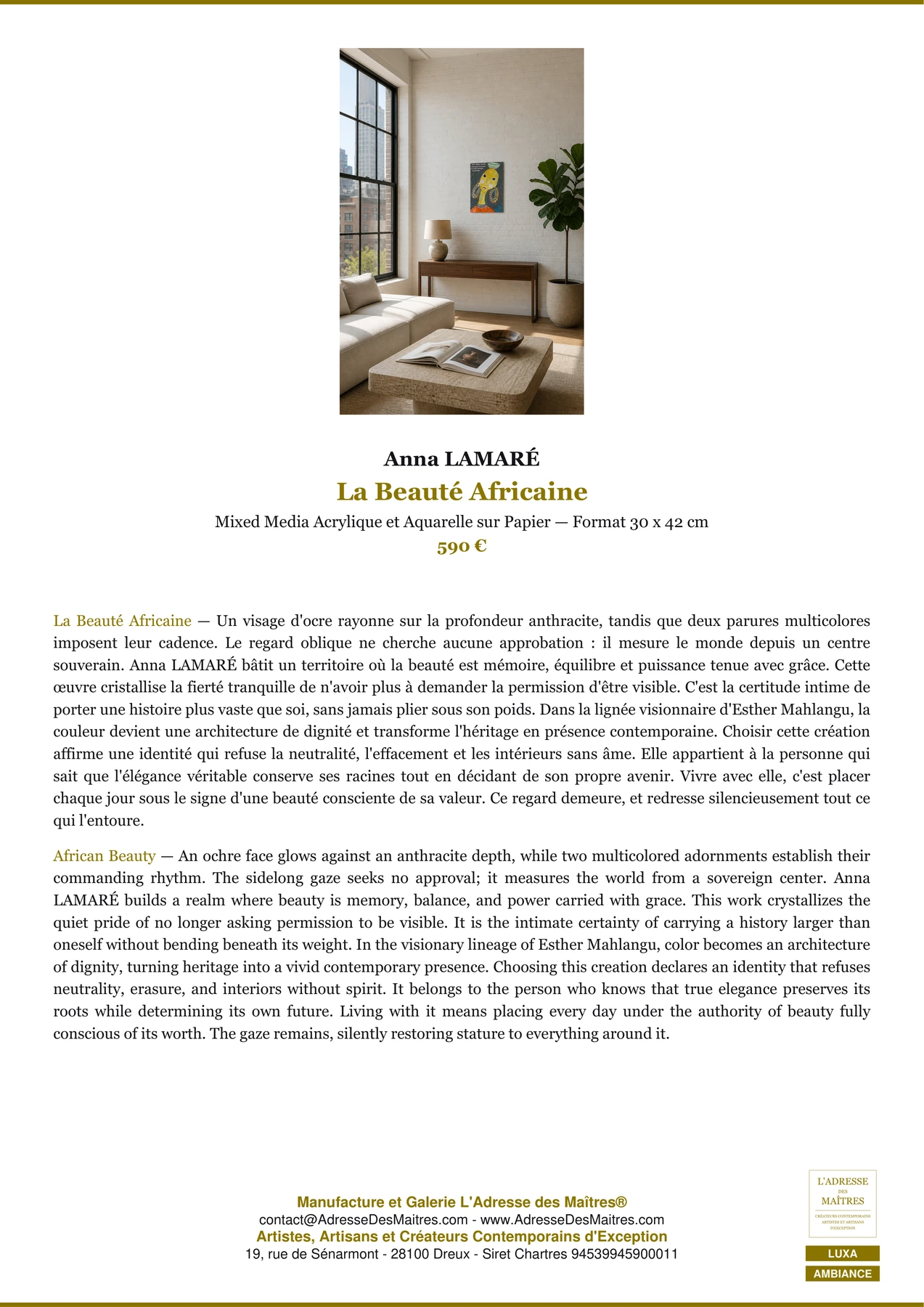 Fiche Premium Ambiance - La Beauté Africaine - Anna LAMARÉ - L'Adresse des Maîtres®