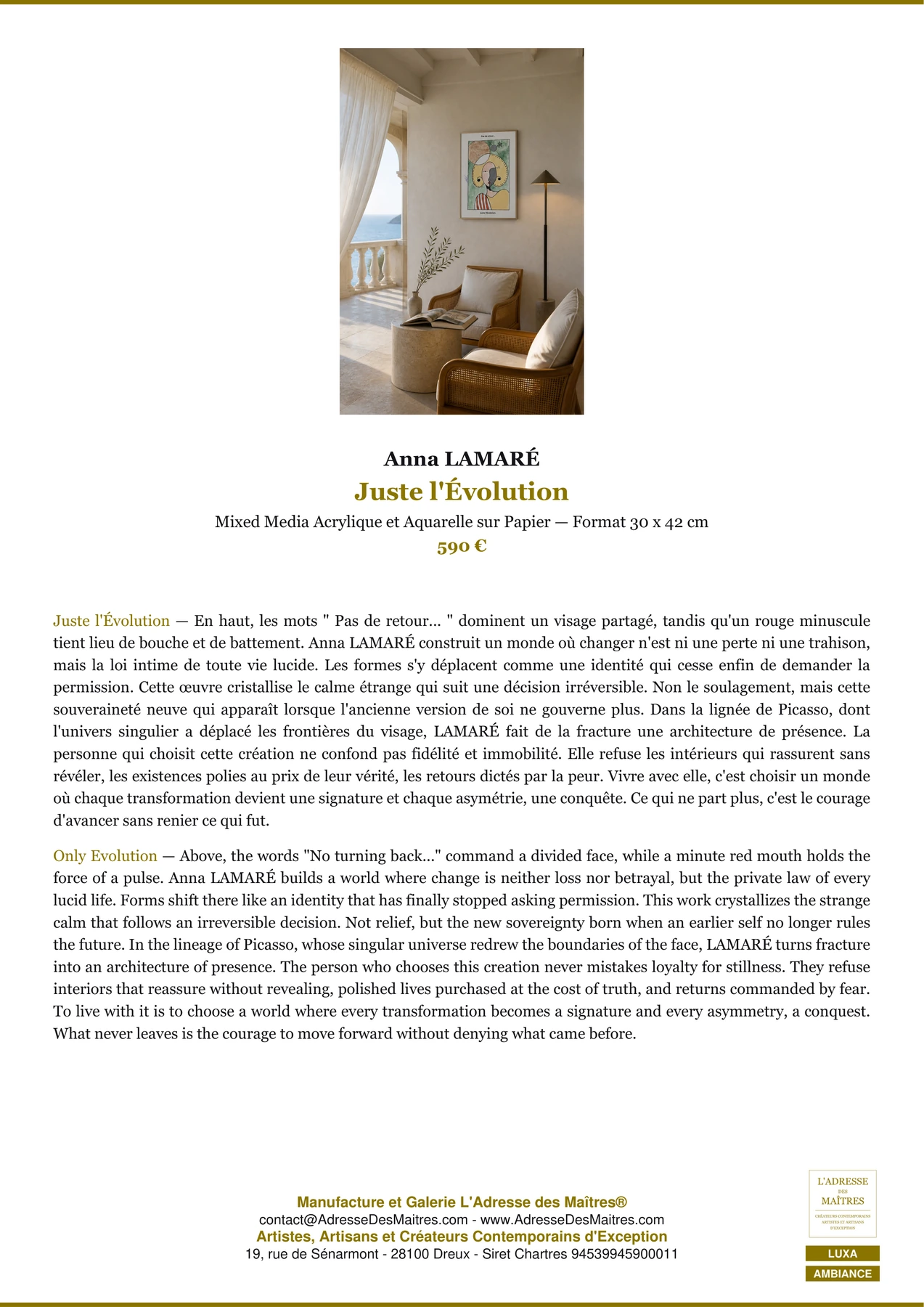 Fiche Premium Ambiance - Juste l'Évolution - Anna LAMARÉ - L'Adresse des Maîtres®