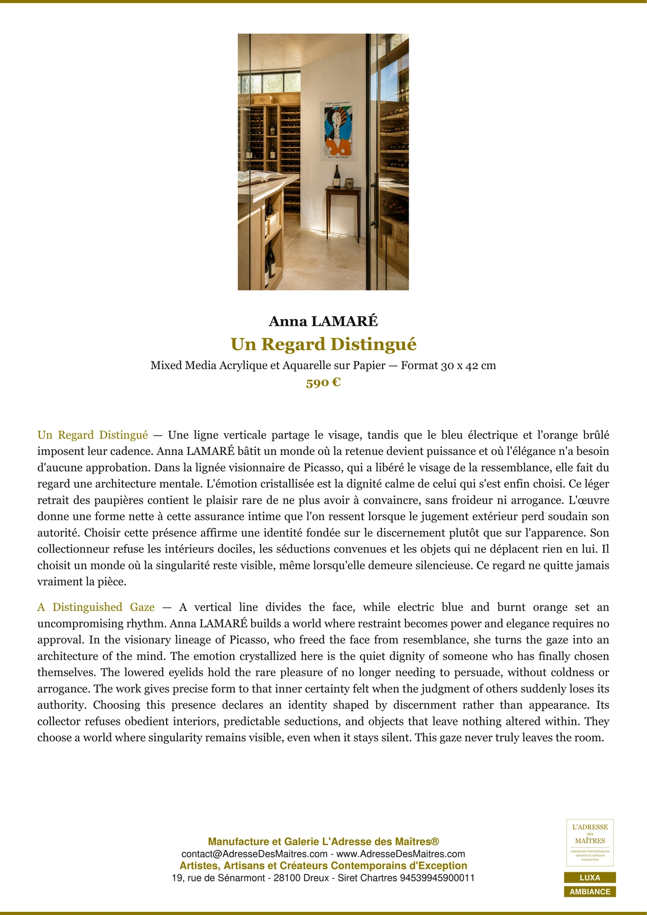 Fiche Premium Ambiance - Un Regard Distingué - Anna LAMARÉ - L'Adresse des Maîtres®