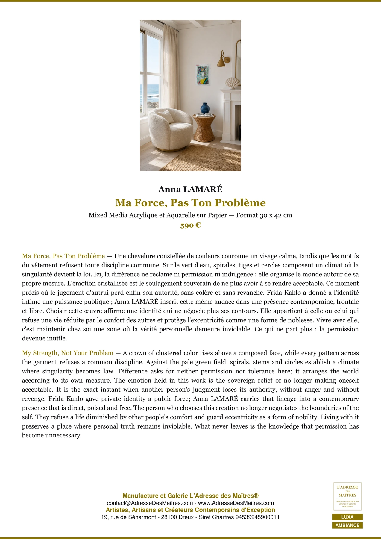 Fiche Premium Ambiance - Ma Force, Pas Ton Problème - Anna LAMARÉ - L'Adresse des Maîtres®