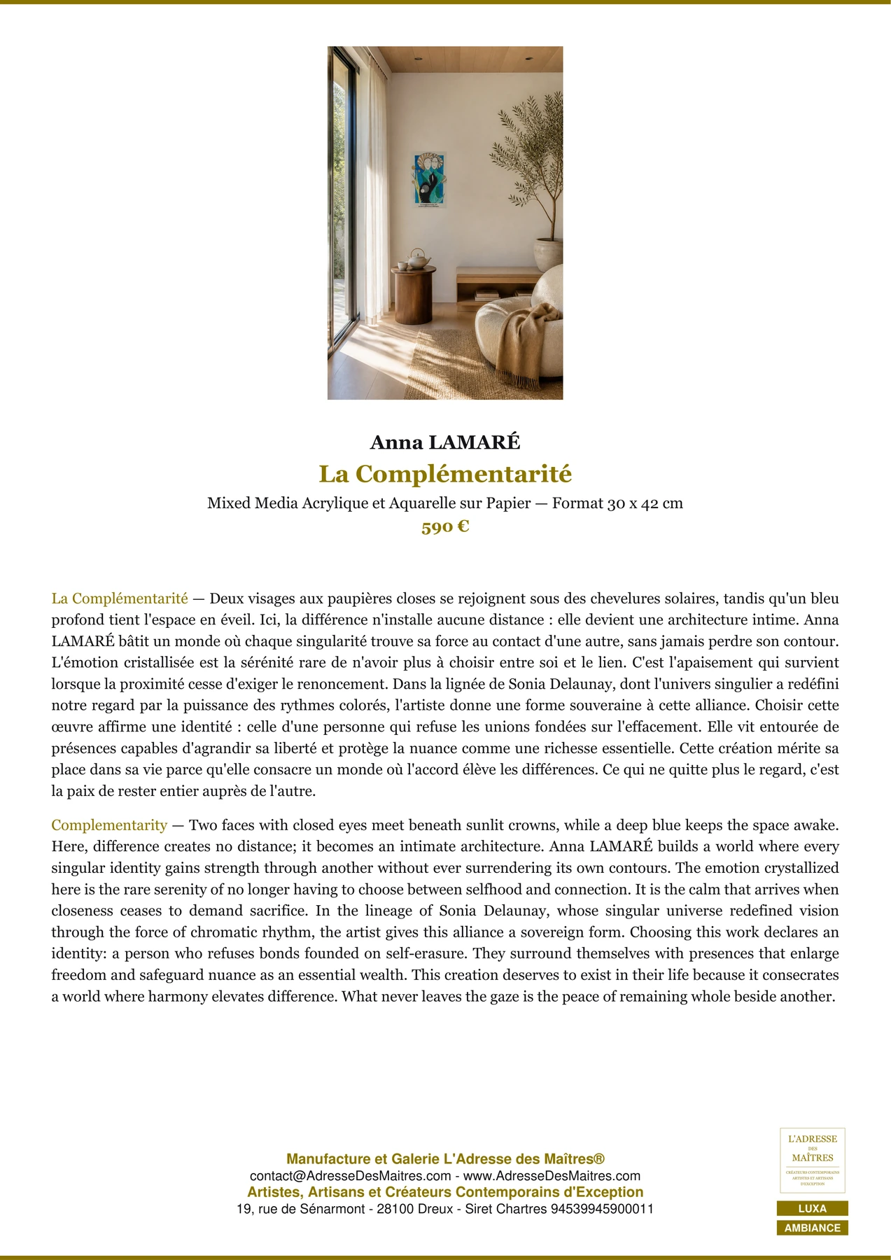 Fiche Premium Ambiance - La Complémentarité - Anna LAMARÉ - L'Adresse des Maîtres®