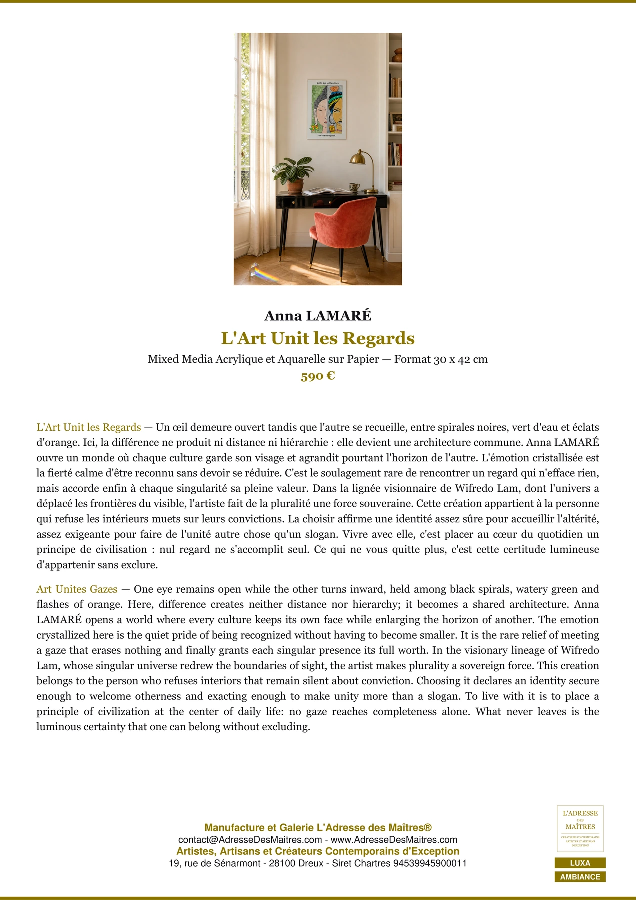 Fiche Premium Ambiance - L'Art Unit les Regards - Anna LAMARÉ - L'Adresse des Maîtres®