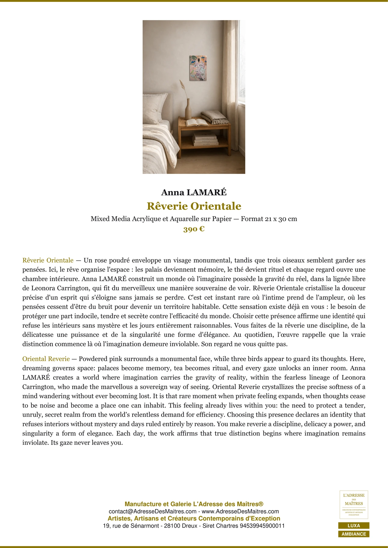 Fiche Premium Ambiance - Rêverie Orientale - Anna LAMARÉ - L'Adresse des Maîtres®