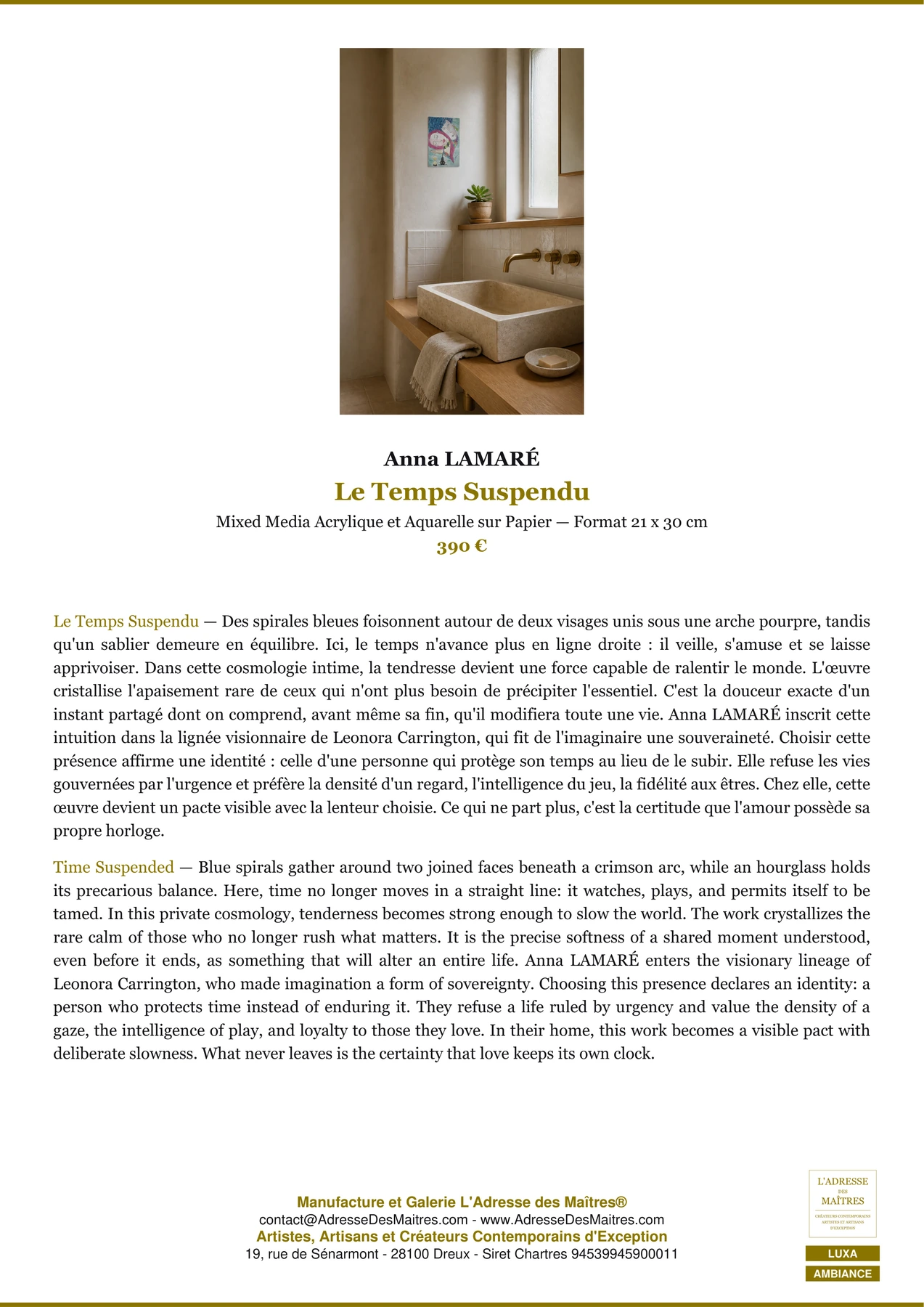 Fiche Premium Ambiance - Le Temps Suspendu - Anna LAMARÉ - L'Adresse des Maîtres®