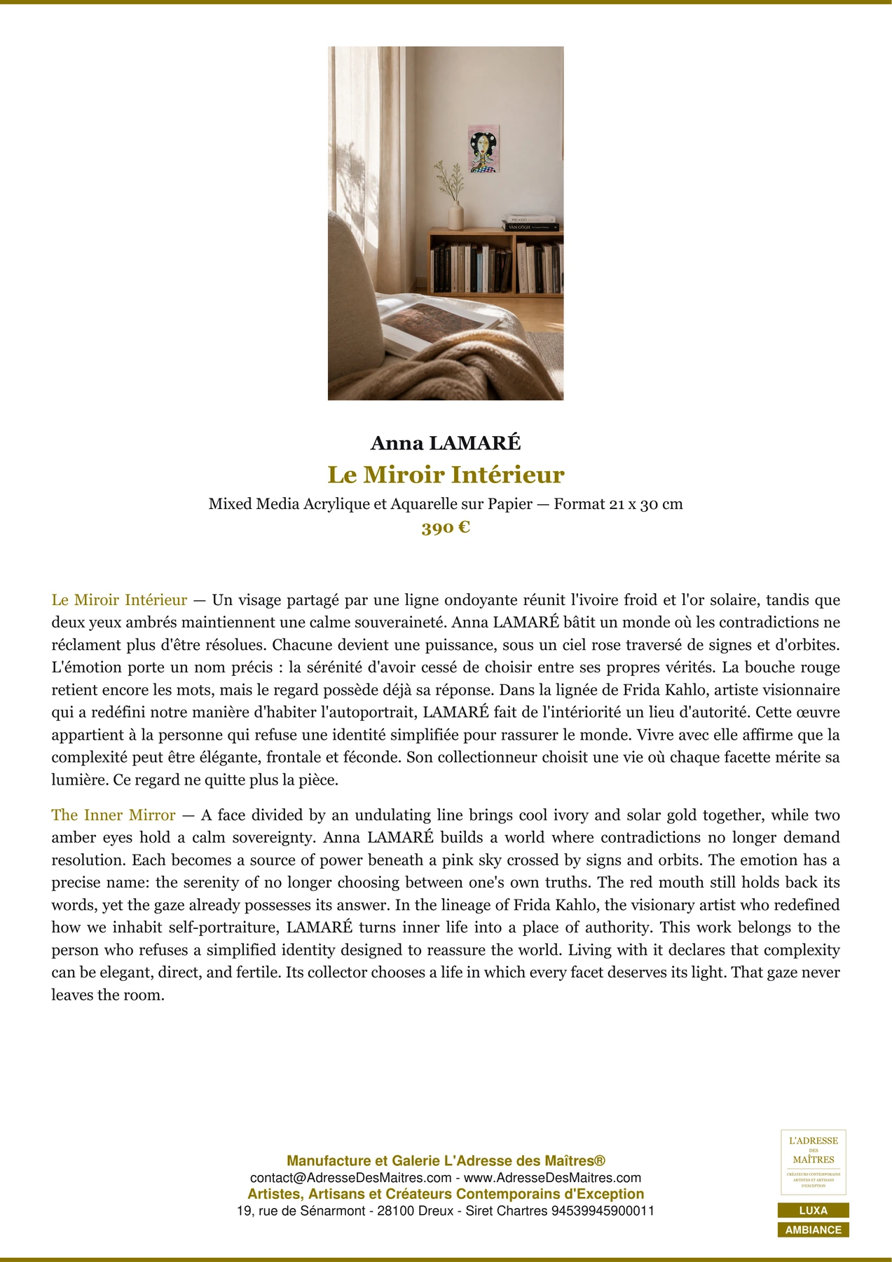 Fiche Premium Ambiance - Le Miroir Intérieur - Anna LAMARÉ - L'Adresse des Maîtres®