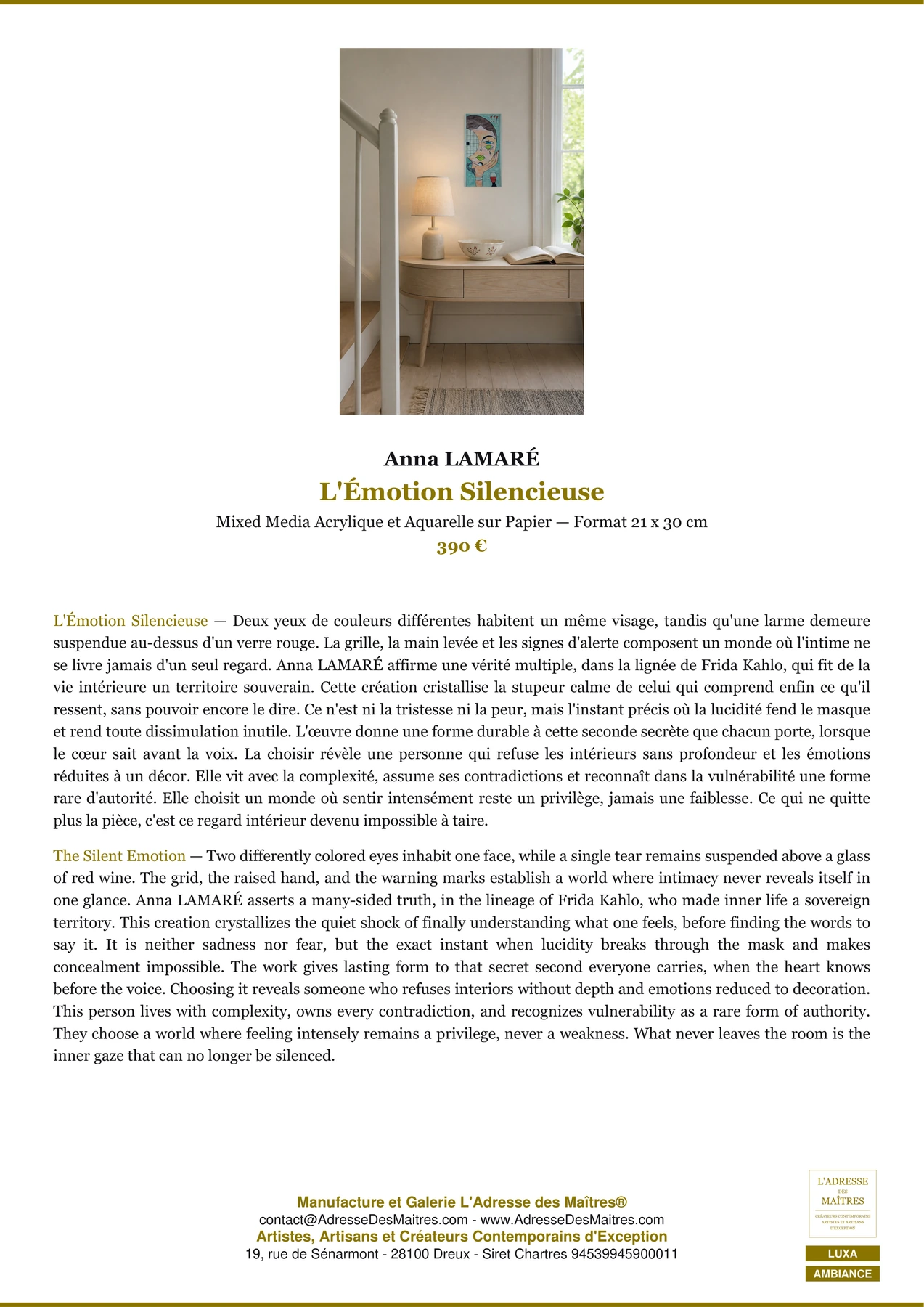 Fiche Premium Ambiance - L'Émotion Silencieuse - Anna LAMARÉ - L'Adresse des Maîtres®