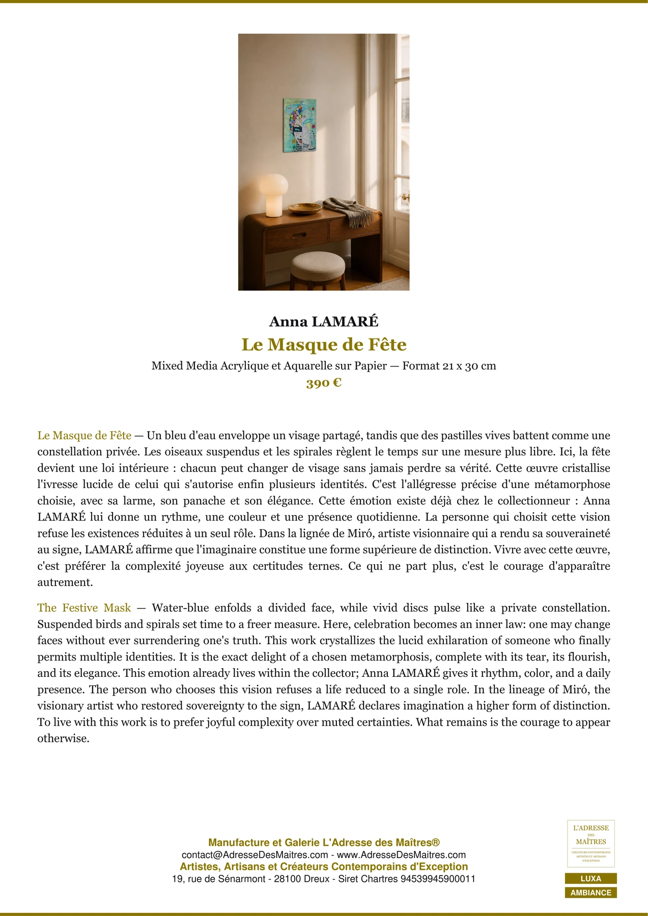 Fiche Premium Ambiance - Le Masque de Fête - Anna LAMARÉ - L'Adresse des Maîtres®