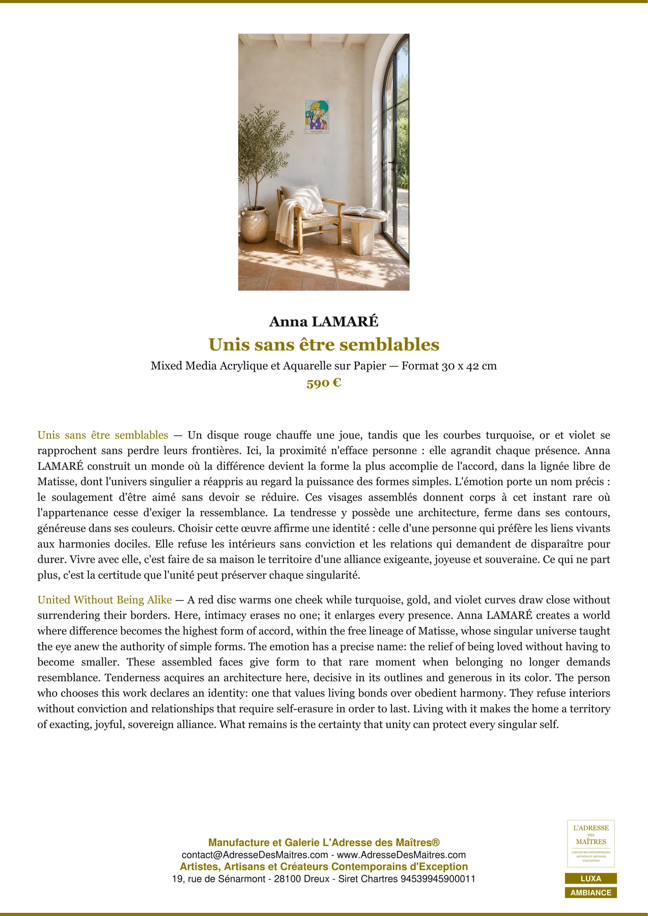 Fiche Premium Ambiance - Unis sans être semblables - Anna LAMARÉ - L'Adresse des Maîtres®