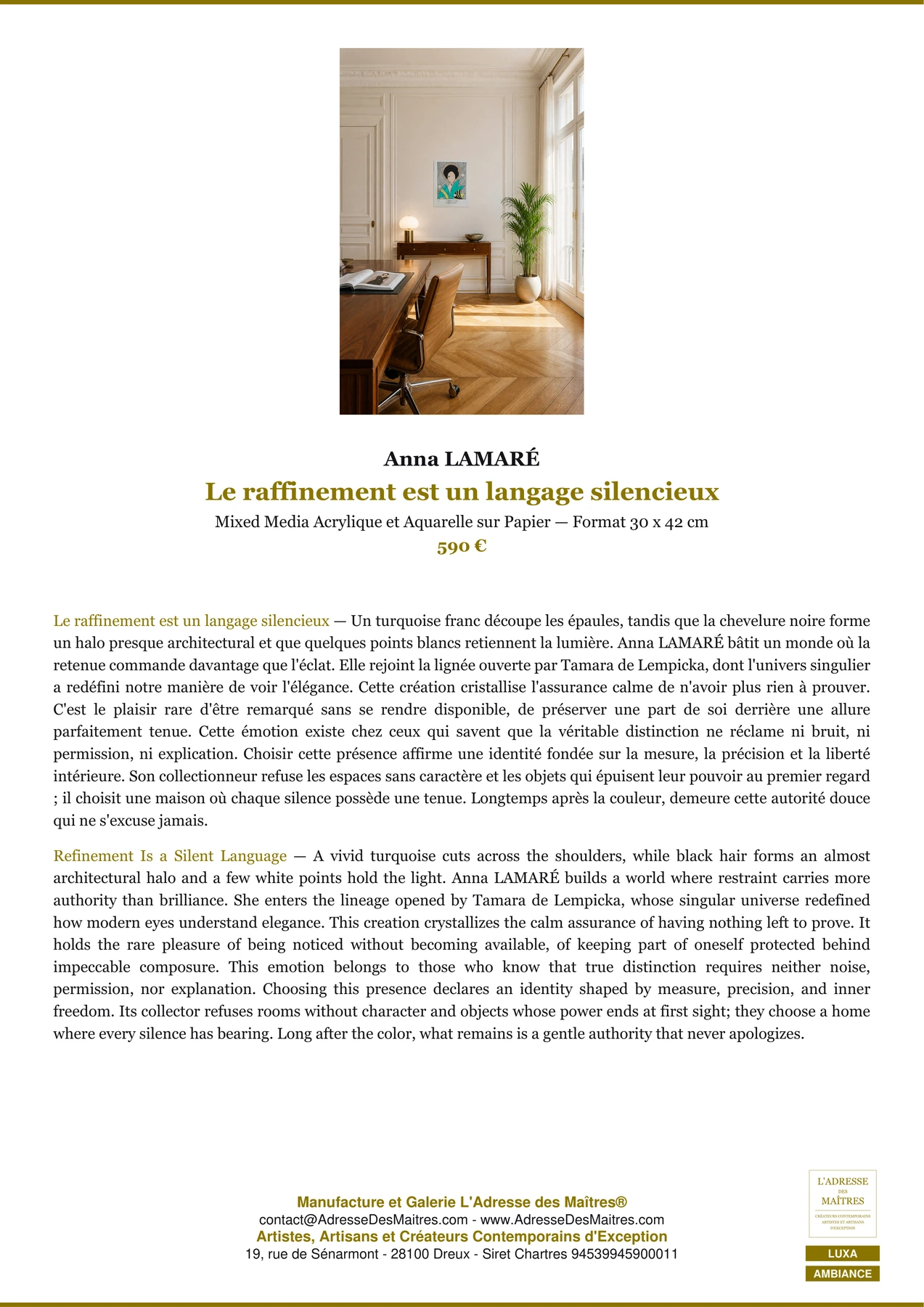 Fiche Premium Ambiance - Le raffinement est un langage silencieux - Anna LAMARÉ - L'Adresse des Maîtres®